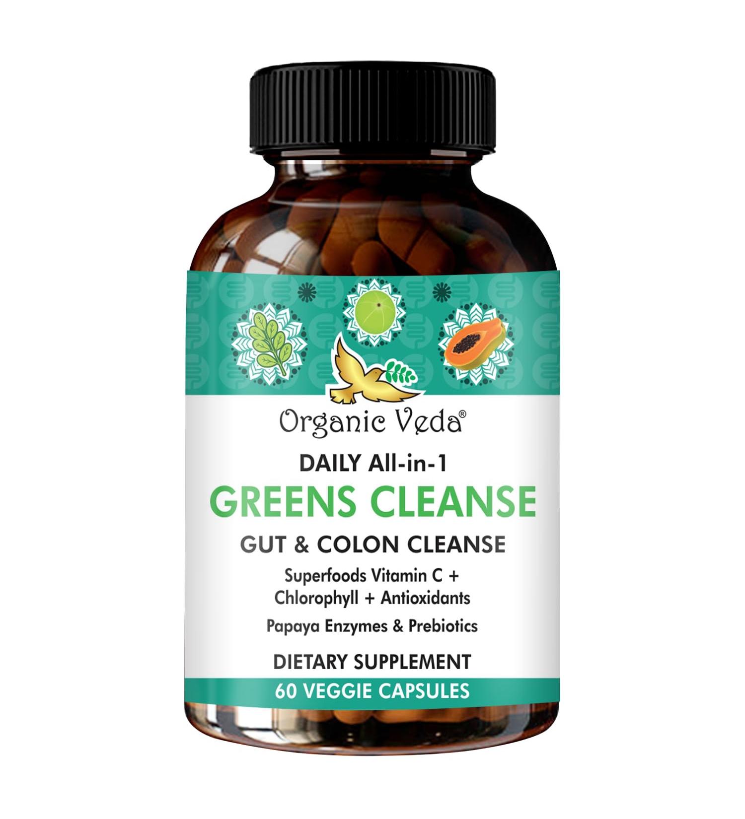 Daily All-in-1 Greens Cleanse - Organic Gut Health & Colon Cleanse Capsules with Amla Moringa Psyllium Husk & Prebiotics - Digestive Health Formula 60 Capsules - Buy Online on GoSupps.com