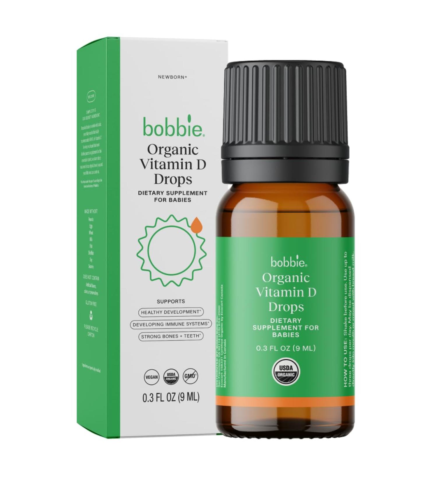 Bobbie Organic Baby Vitamin D Drops, Daily Liquid Supplement to Support Development, Immune Health and Strong Teeth and Bones* in Newborn Babies and Infants, Vegan, Infant Vitamin D, 400 IU, 0.3 fl oz - Buy Online on GoSupps.com