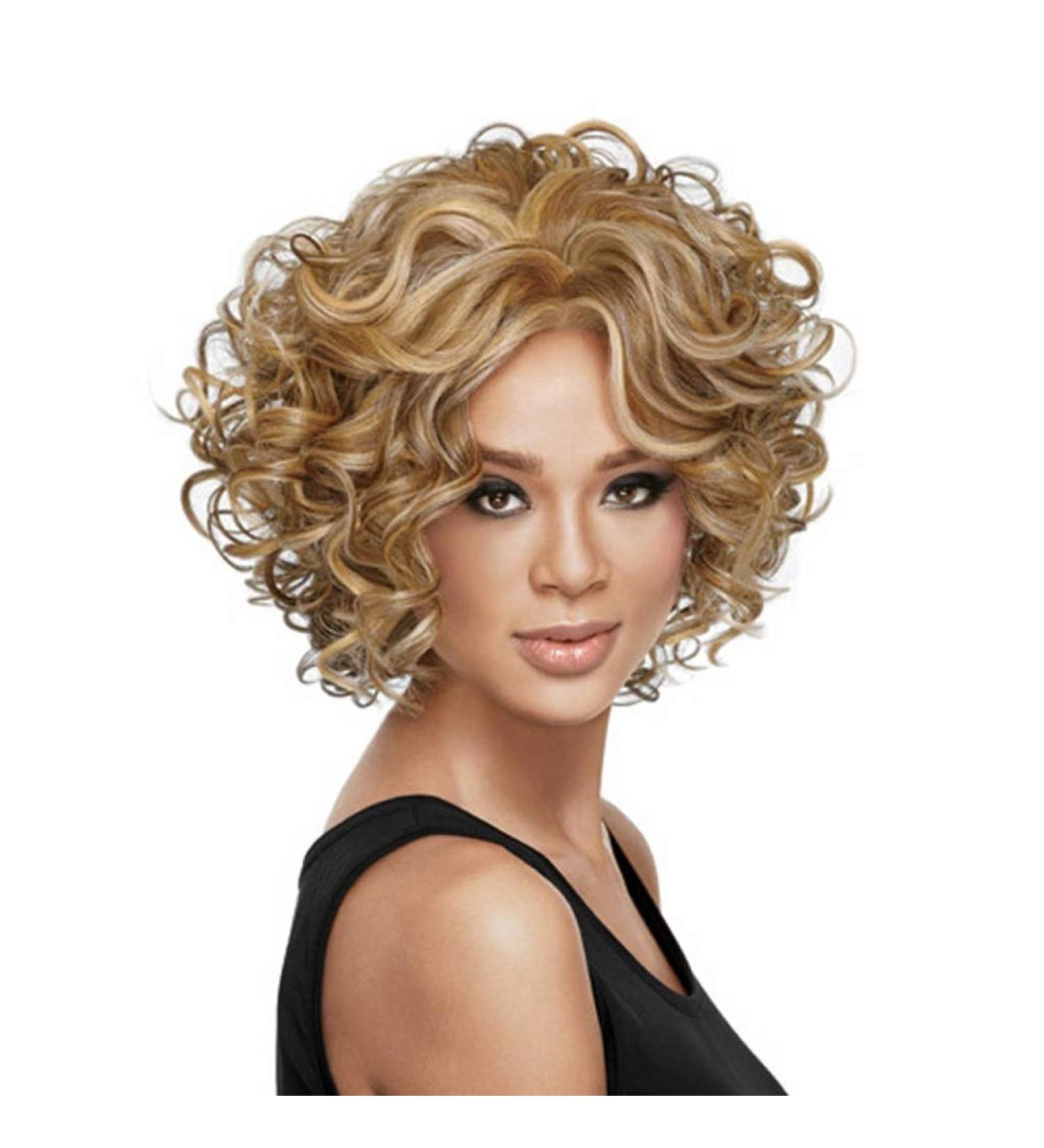 Yyf-wig breathable wig women short curly headgear wig black brown female curly hair wig naturally realistic fake headgear fashion (color: gold)