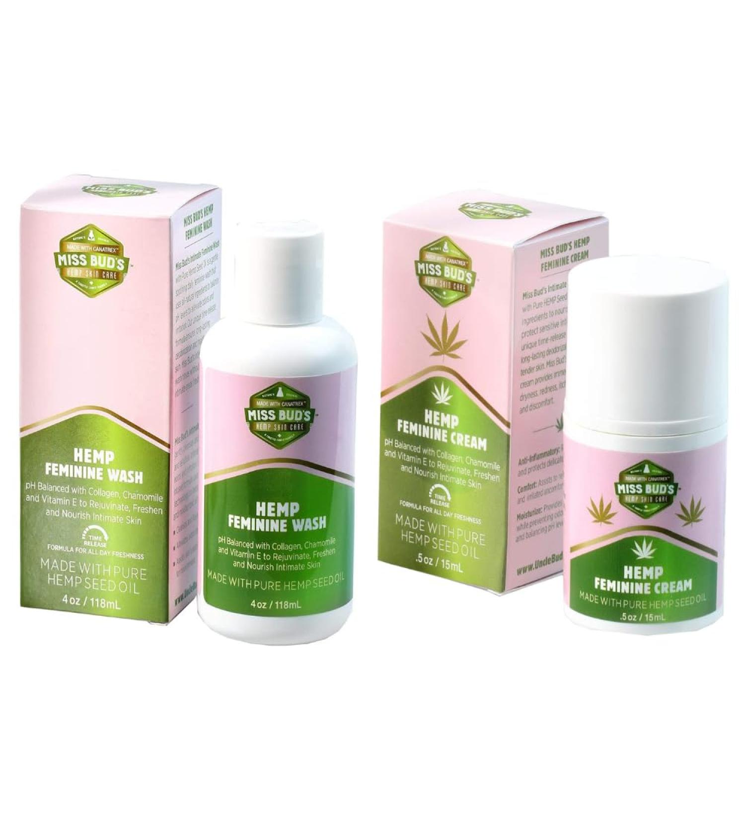 NATURE'S ORIGINAL MADE WITH CANATREX UNCLE BUD'S TOPICAL PAIN RELIEVER A TRUSTED FAMILY FORMULA Miss Buds Feminine 2pk (1-Fem Wash & 1-Fem Cream)