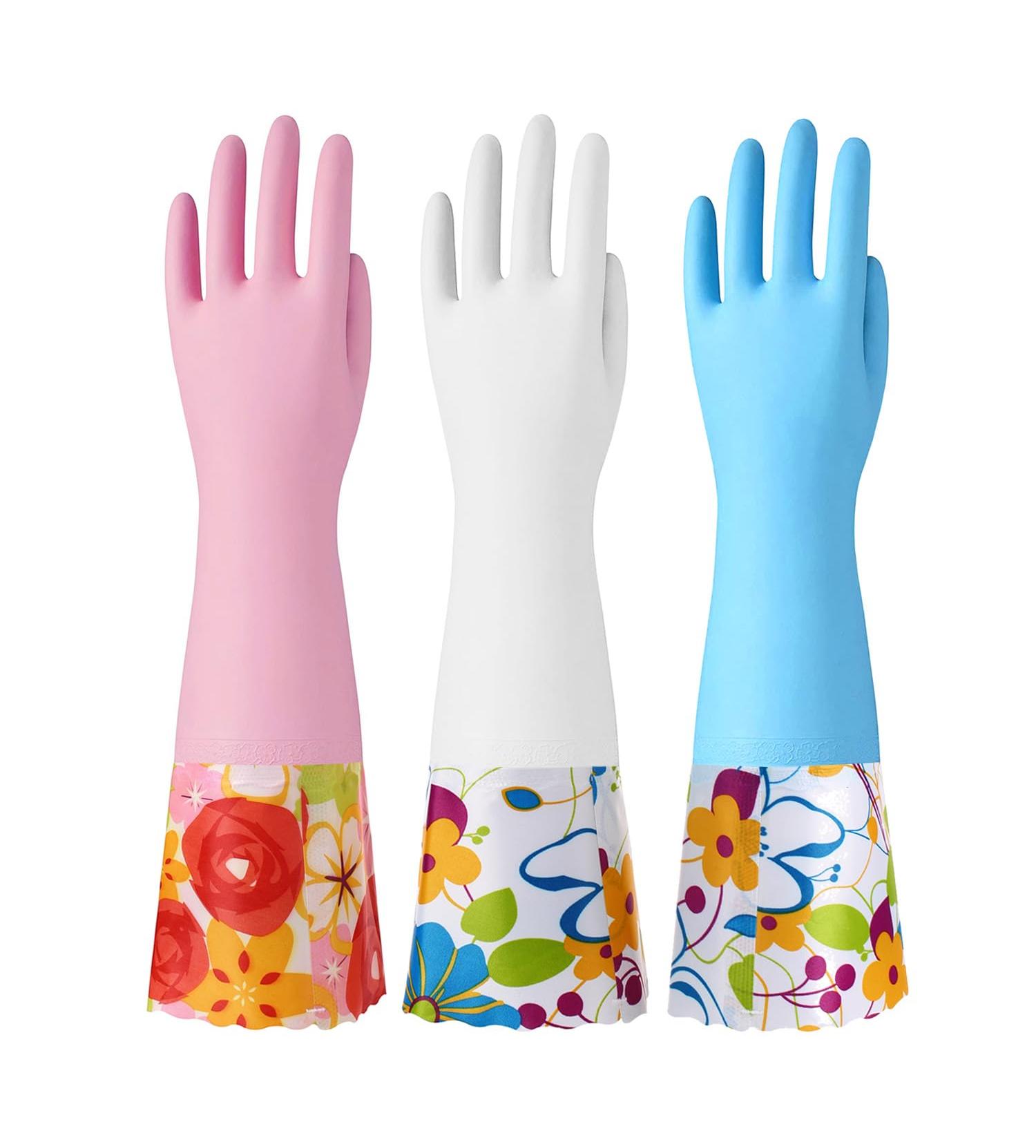 Bamllum 3 Pairs Rubber Cleaning Gloves - Reusable Kitchen Dishwashing Gloves with Cotton Liner 16" Long Cuff Non-Slip (Medium Blue/Pink/White) - International Shipping Available - Buy Online on GoSupps.com