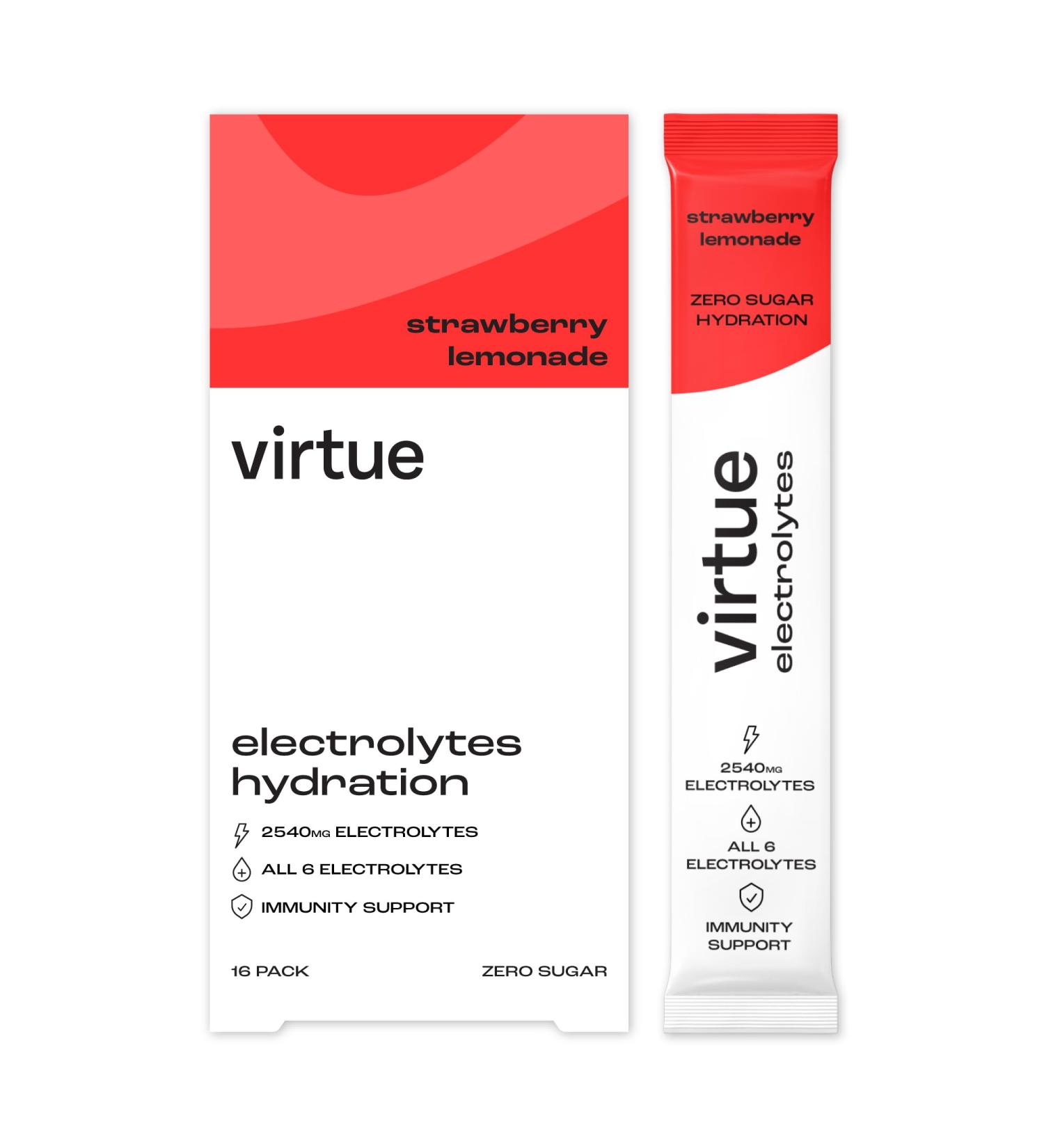 Virtue lectrolytes Sachets d hydratation | Z ro sucre | 6 lectrolytes sels min raux hydratants vitamine C (Pack de 16 Limonade Fraise) Limonade Fraise Sal e Pack de 16 - Buy Online on GoSupps.com