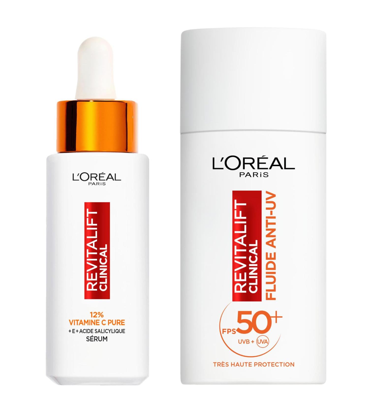 L Or al Paris - Anti-Aging Vitamin C Facial Routine Set - 12% Pure Vitamin C Serum & Anti-UV Sun Fluid SPF 50+ - Anti-Wrinkle - Revitalift Clinical - Buy Online on GoSupps.com