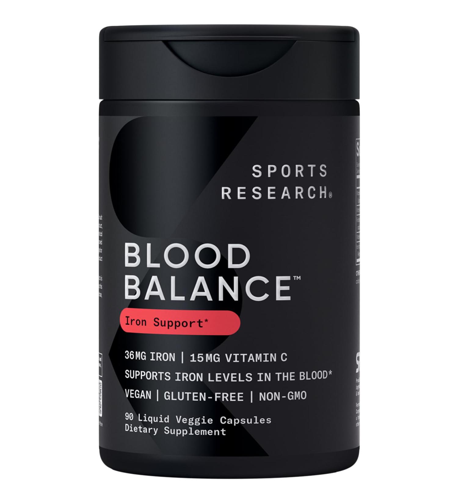 Sports Research Blood Balance Iron Supplement - 36 MG Iron + Folate & Vitamin C for Absorption - Red Blood Cell Support for Women & Men* - Vegan Certified Non-GMO Gluten-Free - 90 Capsules - Buy Online on GoSupps.com