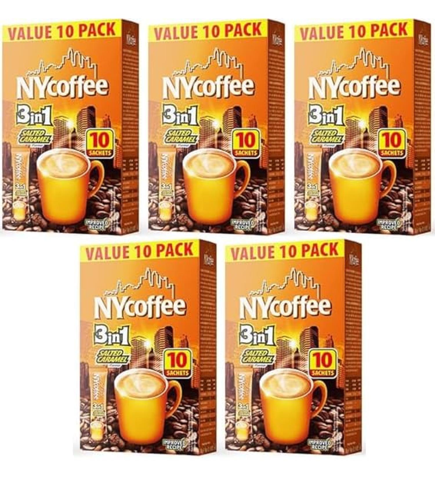 50 x NY Coffee 3 in 1 Sachets Salted Caramel Flavour Sachets - 5 Boxes x 10 Sachets - Flavoured Coffee Sticks Ideal For Home or Work Salted Caramel 2.8 g (Pack of 50)