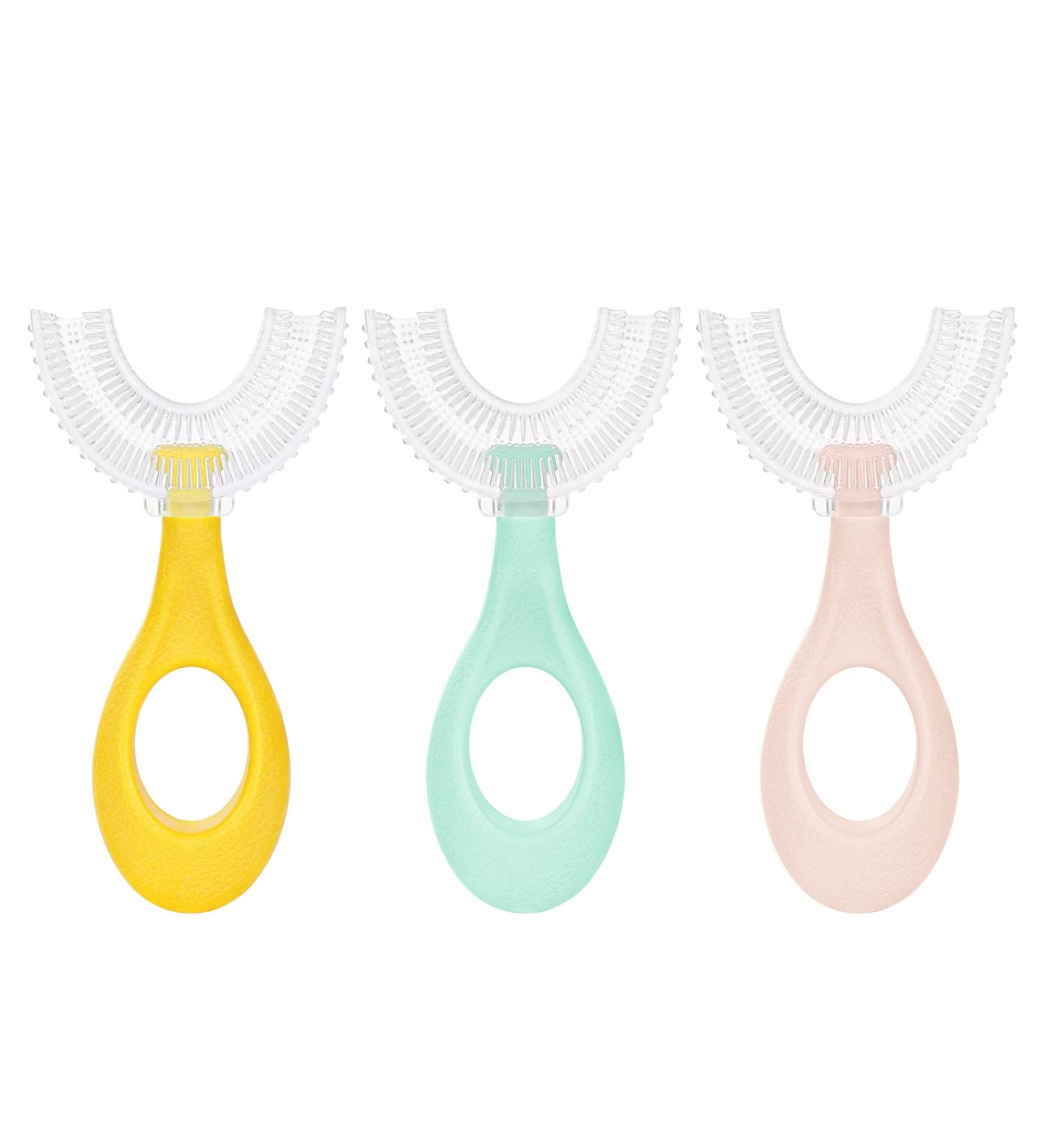 Vicloon 3Pcs Kids U-Shaped Toothbrush Set for Toddlers and Children (2-6 Years) | Oral Cleaning with Food Grade Silicone Brush Head | Blue, Pink, Yellow - Buy Online on GoSupps.com