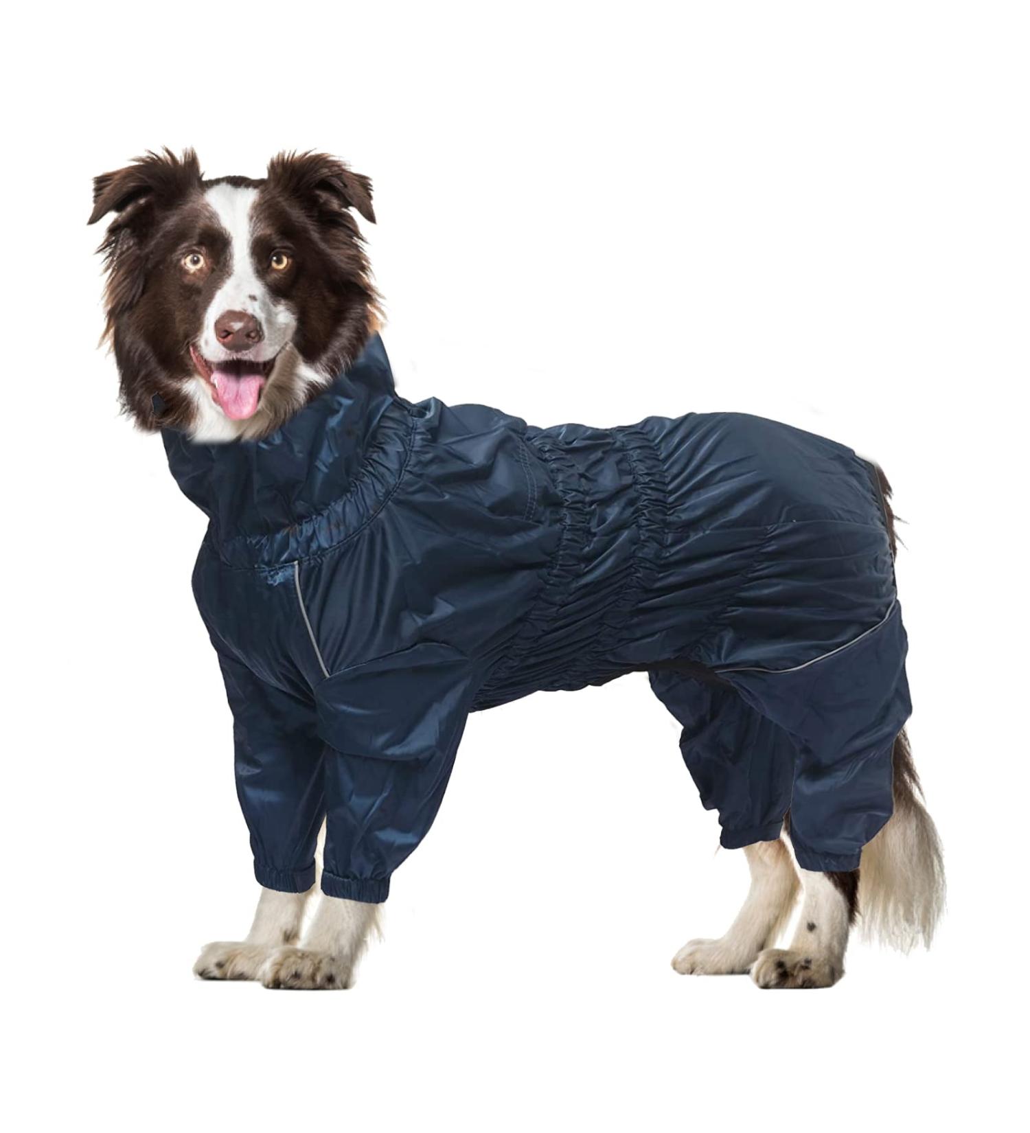 Geyecete Waterproof Rain Coat for Dogs - Reflective Full Wrap Jacket with Dishes Hole for Large Medium & Small Dogs - Navy Blue - Buy Online on GoSupps.com