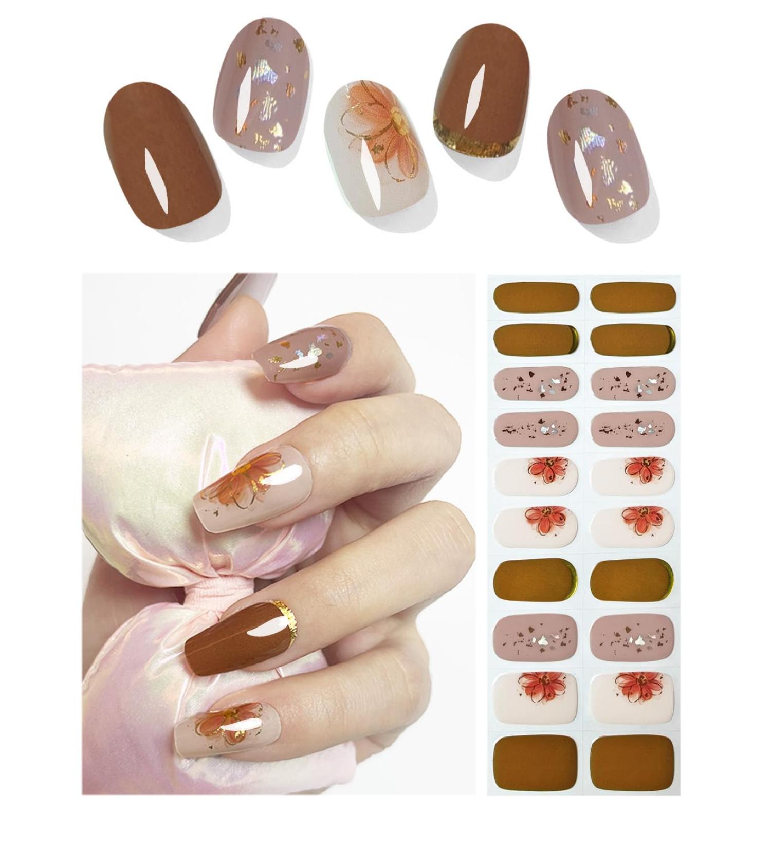 TrueShei Brown Flowers UV Gel Nail Foils - 20 pcs Self-Adhesive Nail Film Stickers | Perfect Gellack Wraps for Stunning Nail Art - Buy Online on GoSupps.com