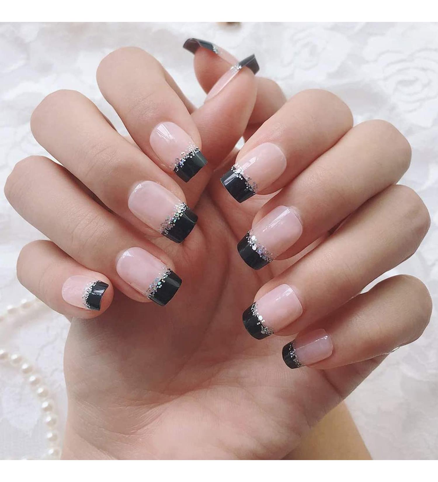 Buy 24 Pieces Black French False Nails - Silver Glitter Complete Cover Quadratic Medium-Long Fake Nails for Daily Use - Buy Online on GoSupps.com