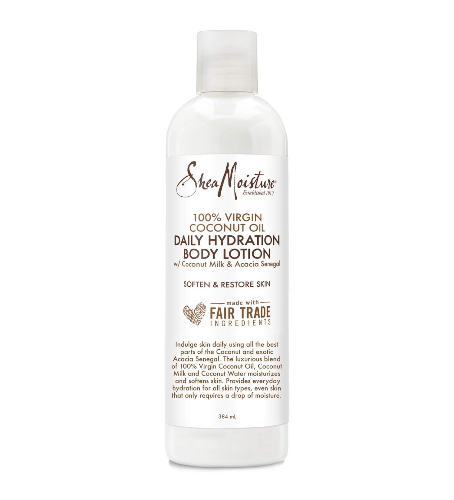 Shea Moisture 100% Virgin Coconut Oil Daily Hydation Body Lotion with coconut milk and acacia Senegal to soften and restore 384 ml