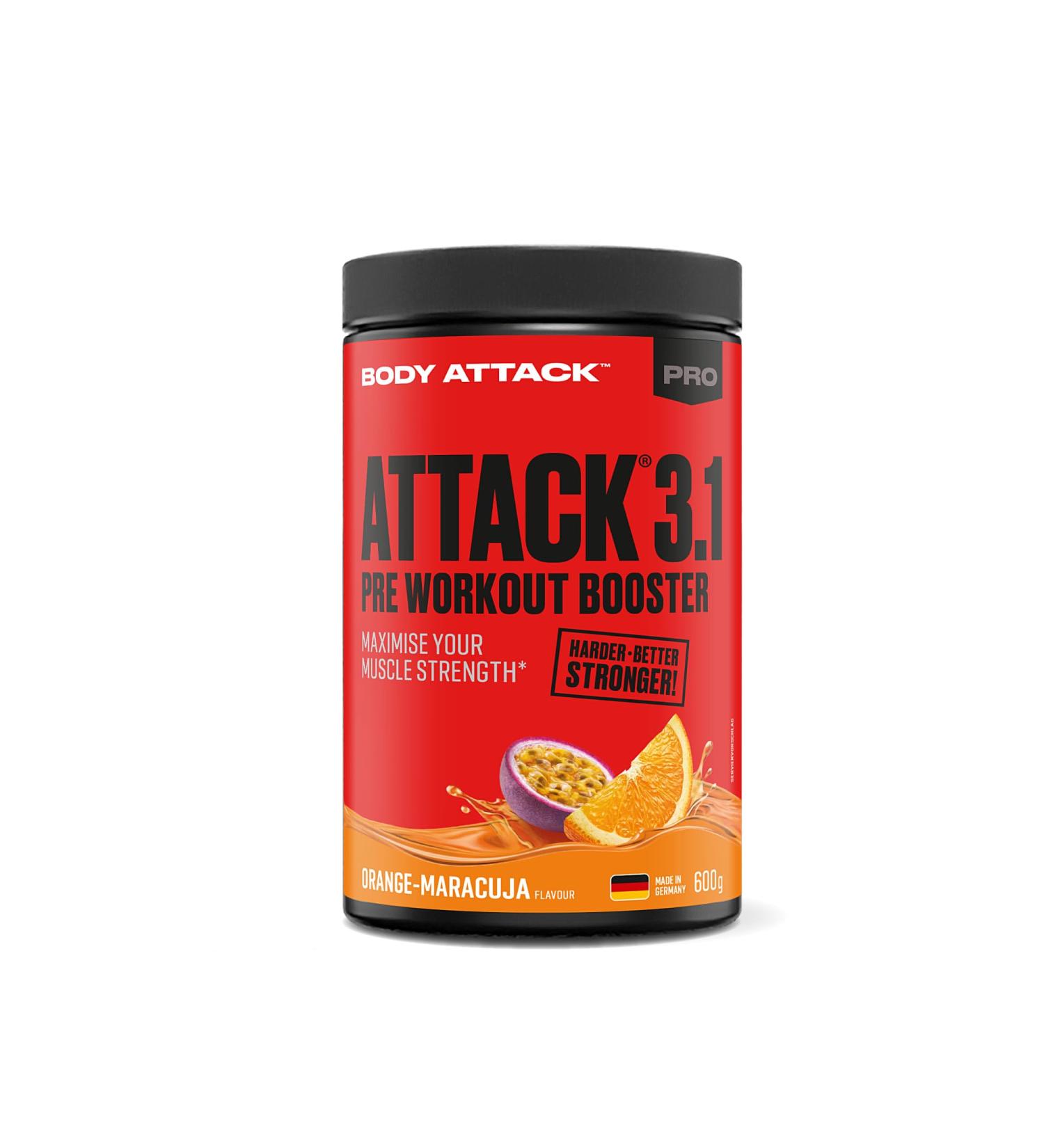 Body Attack Pre Workout Booster - Orange Maracuja 600g | High-Dose Pump Booster with Caffeine L-Arginine & Creatine for Bodybuilding & Muscle Gain - Buy Online on GoSupps.com