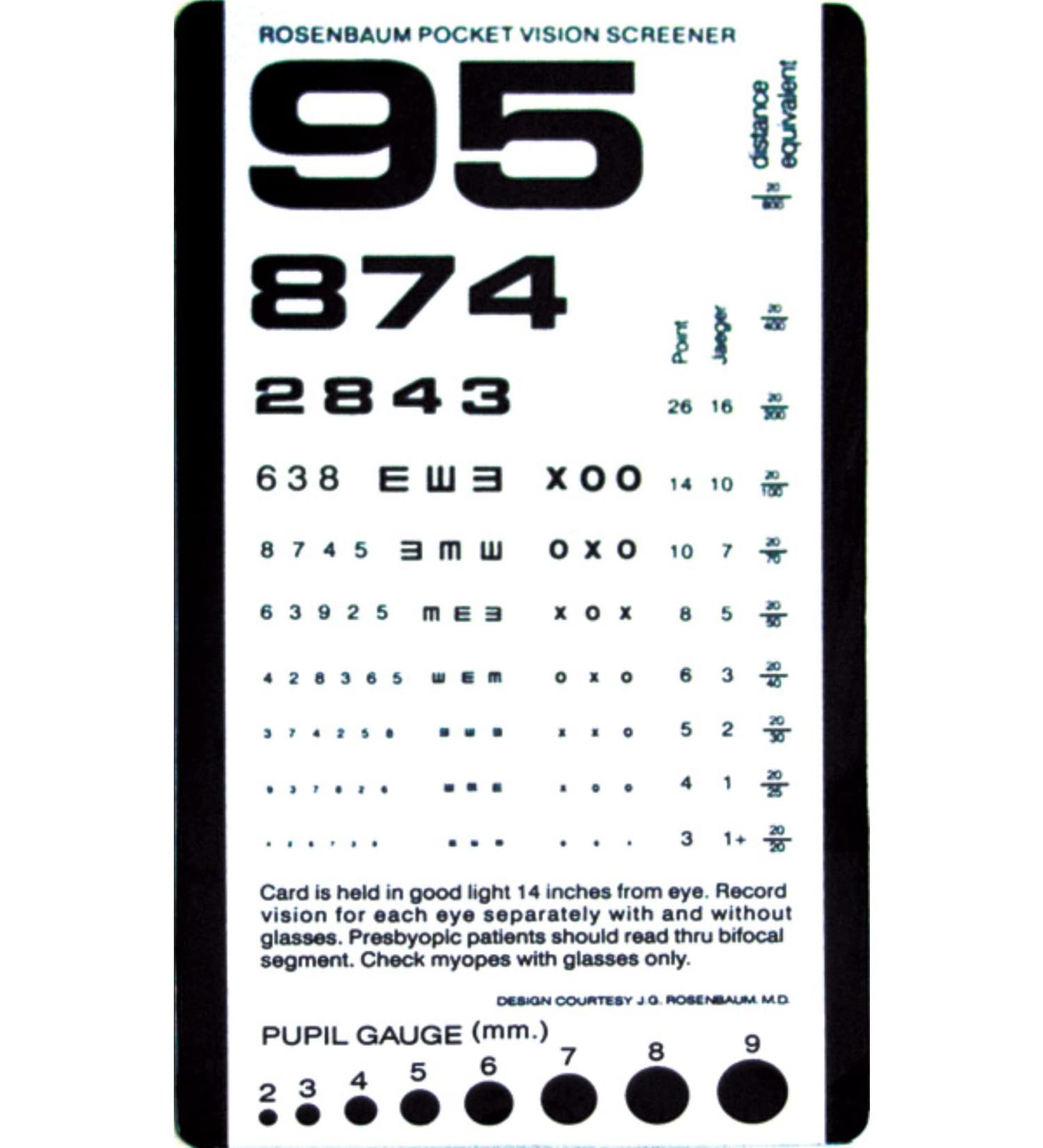 Pocket Size Plastic Eye Chart 6 3/8 x 3