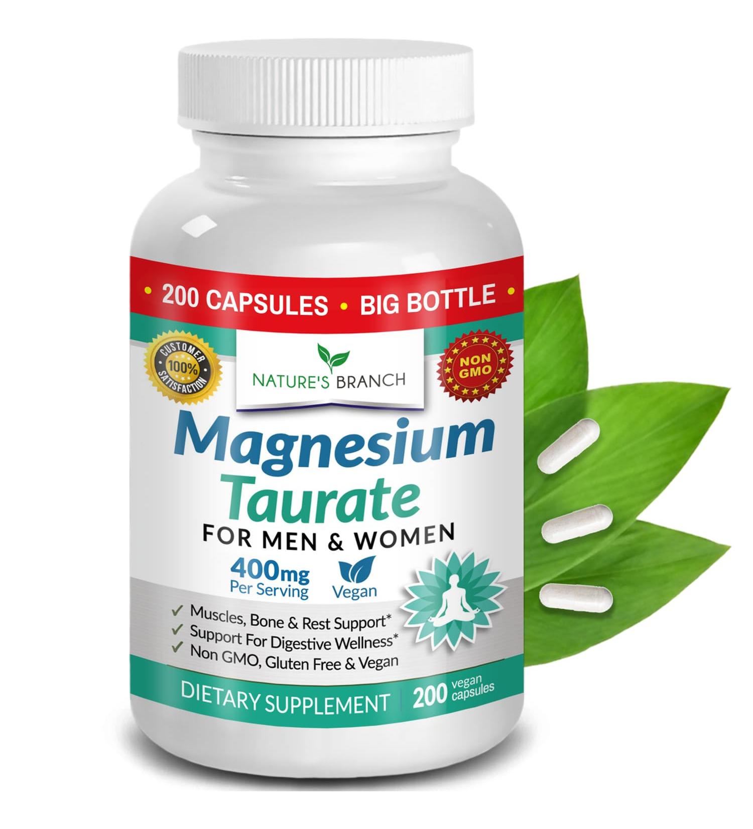 Magnesium Taurate 400mg | High Absorption | 200 Capsules for Sleep Heart Health Calm Joint Supplement for Women and Men - Made in USA Pure Elemental Mag Powder Plus Taurine - Extra Strength Pills - Buy Online on GoSupps.com