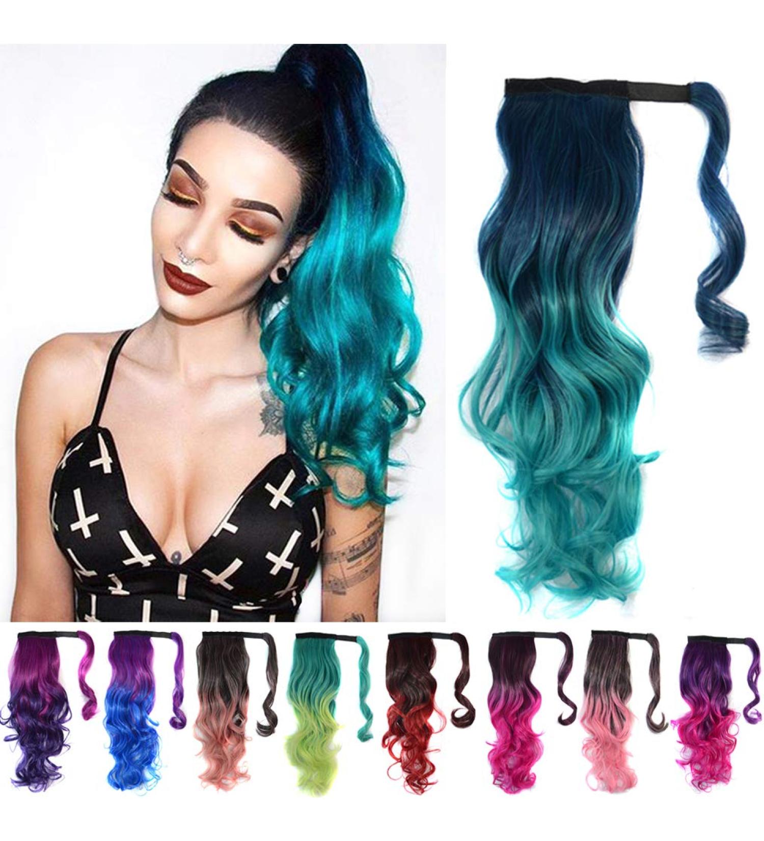 Colorful Ombre 2 Tone Cosplay Ponytail Hair Extension Body Wavy Fake One Piece Clip in Warp Around Pony Tail (Purple/Rose) - Buy Online on GoSupps.com