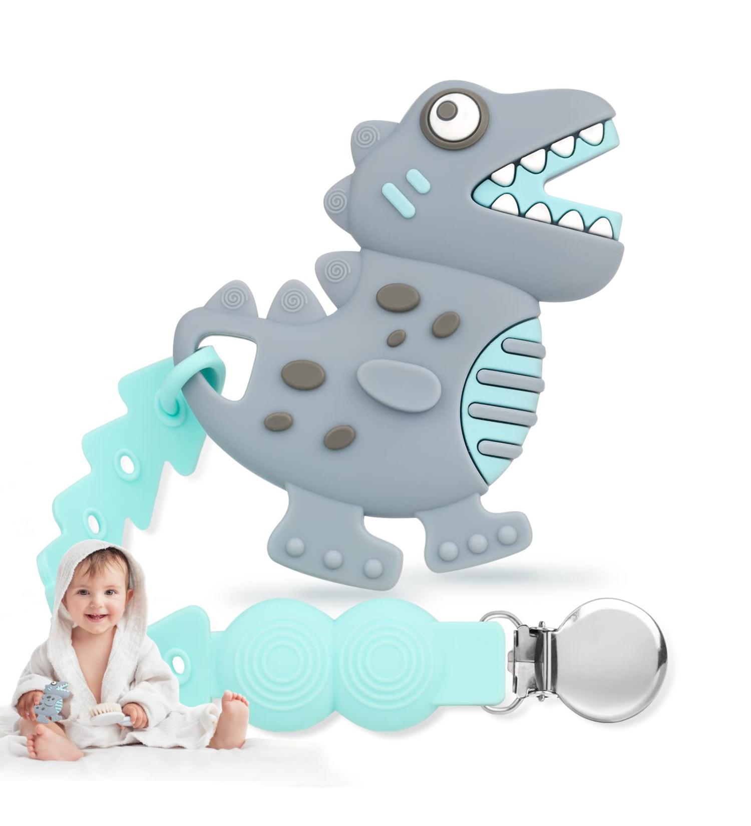 NPET Teething Toy for Babies 3-12 Months - Gray Dinosaur Baby Teether with Anti-Drop Pacifier Clip - Sore Gums Relief Chew Toy - BPA-Free for Boys and Girls - Buy Online on GoSupps.com