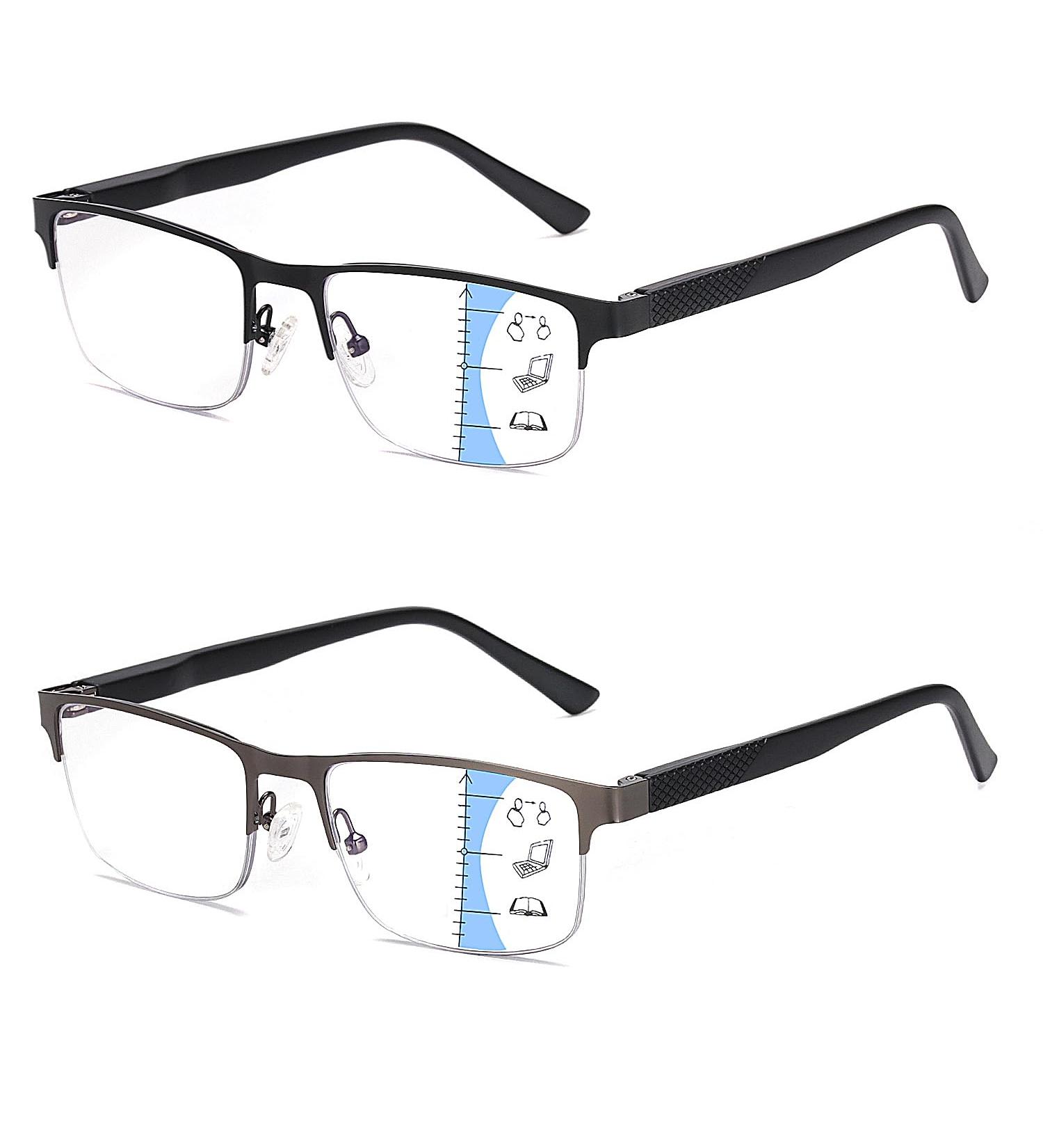 Buy Missfive 2 Pack Men's Multifocus Reading Glasses - Blue Light Blocking Spring Hinge No-Line Half Frame 2.5x Magnification - 1 Black & 1 Gunmetal - International Shipping Available - Buy Online on GoSupps.com
