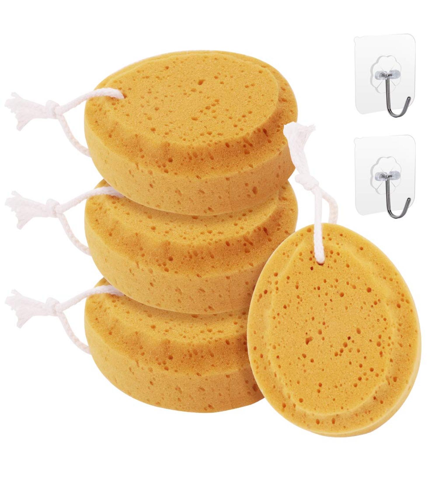 Bath Sponge Set - 4 Exfoliating Shower Sponges with 2 Adhesive Hooks for Adults and Kids - Buy Online on GoSupps.com