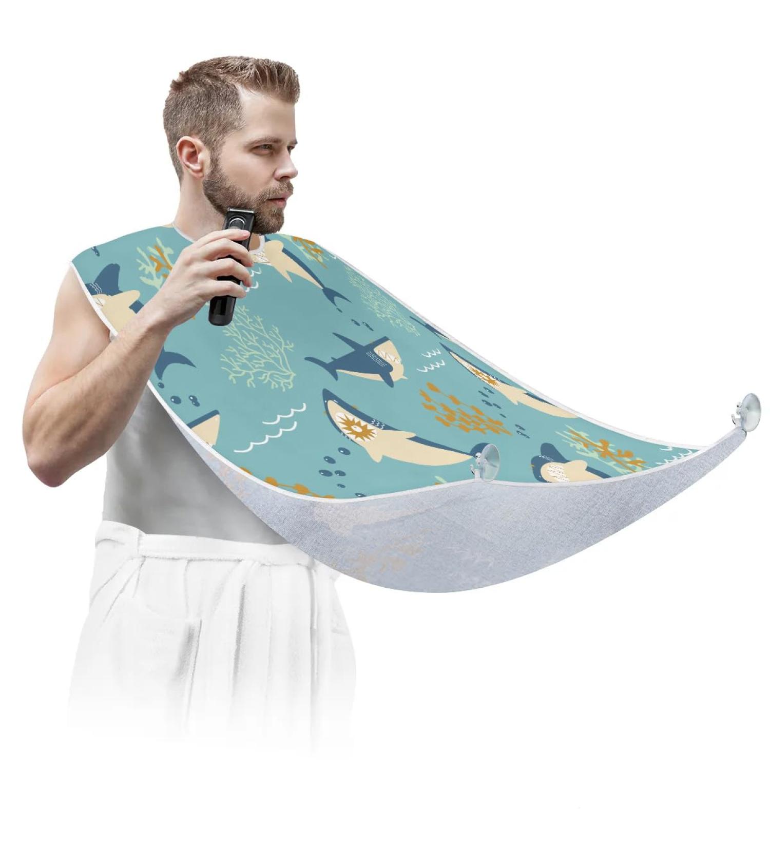 Shark Pattern Beard Bib Apron | Waterproof Hair Catcher for Men | Non-Stick Grooming Cape with Suction Cups | Perfect Gift for Men - Buy Online on GoSupps.com