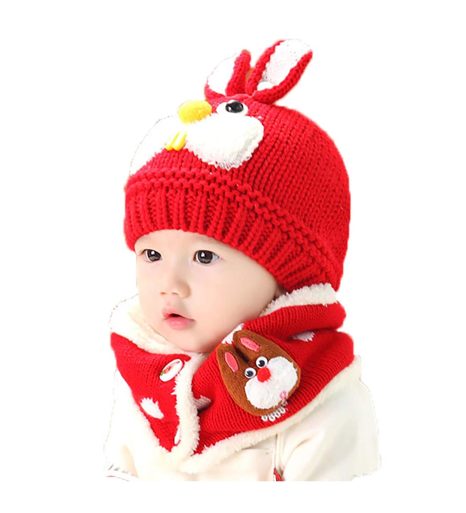 Winter Warm Baby Hat and Scarf Set - Bunny Design | Fleece Lined | Infant to Toddler 6-36 Months | Red - Buy Online on GoSupps.com