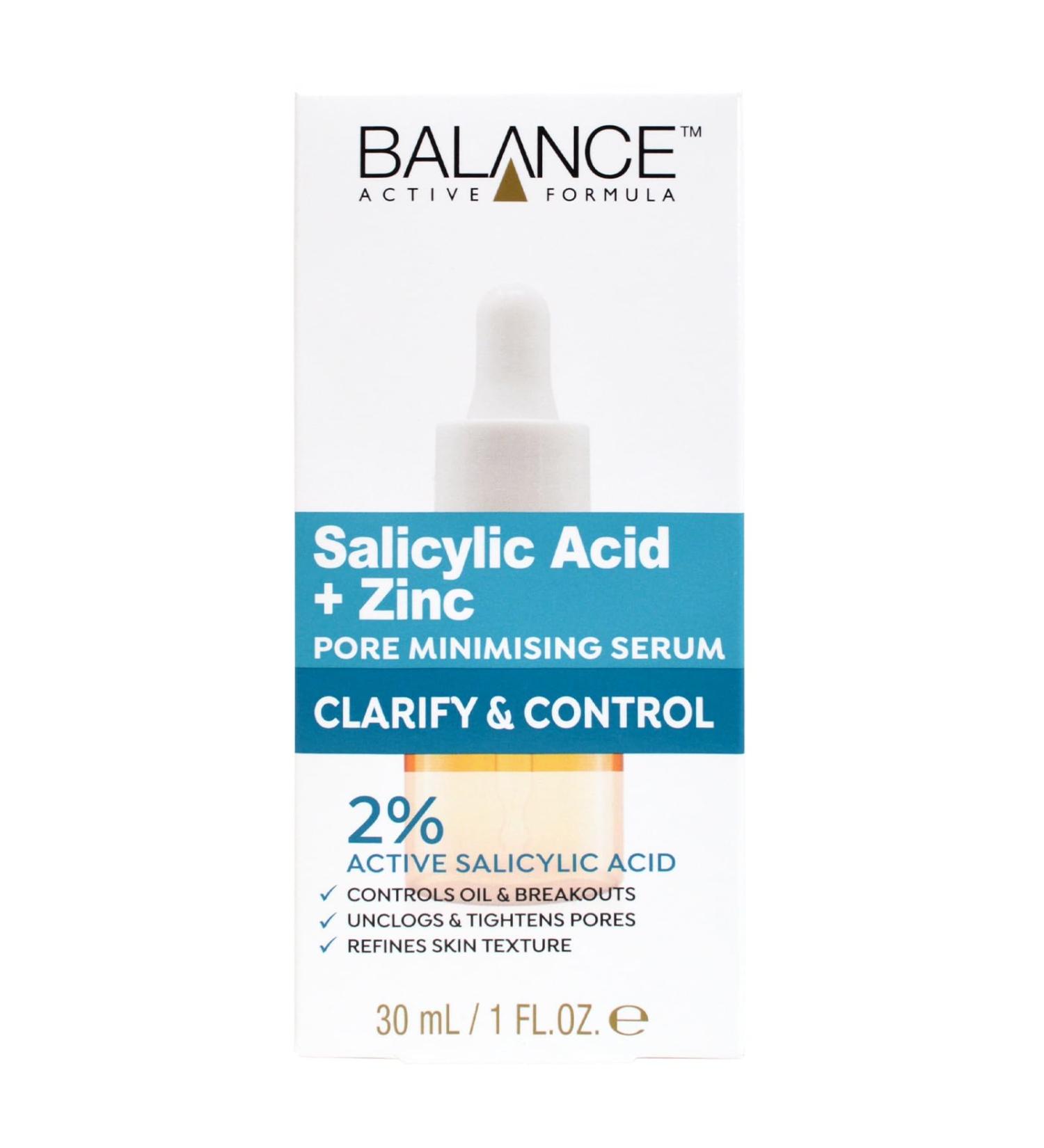Balance Active Formula Salicylic Acid and Zinc Pore Minimising Serum - Lightweight Oil-Free Reduces Blemishes Pores & Blackheads Clarifies Skin 2% Salicylic Acid Zinc - 30ml - Buy Online on GoSupps.com