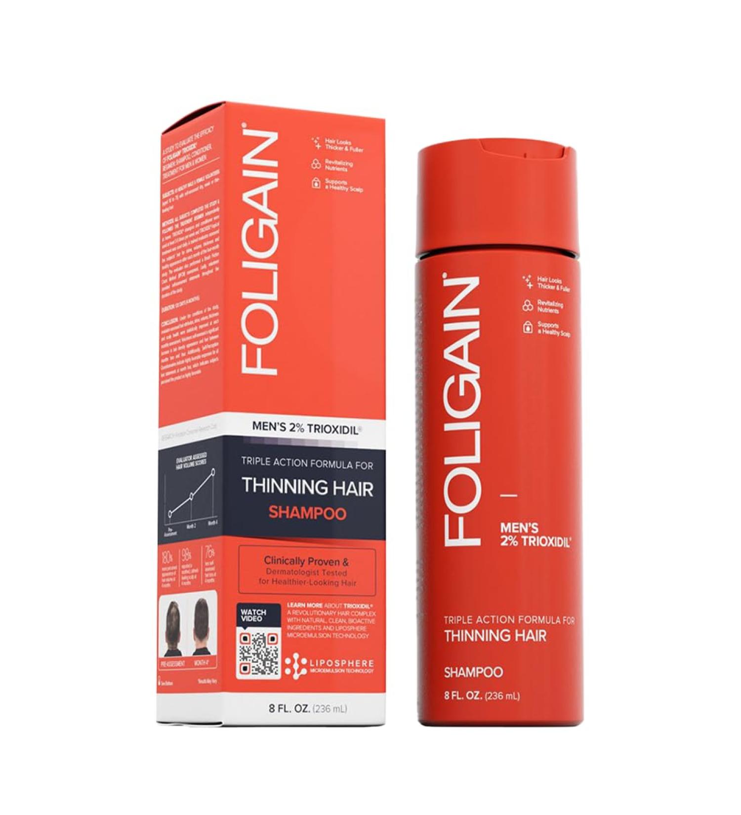 FOLIGAIN Shampoing ANTI CHUTE DE CHEVEUX et CALVITIE pour Homme | Contient 2% TRIOXIDIL | Soin cheveux fins et fragiles - Renforce et Densifie les cheveux | Stimule la REPOUSSE rapide - Sans sulfate - Buy Online on GoSupps.com