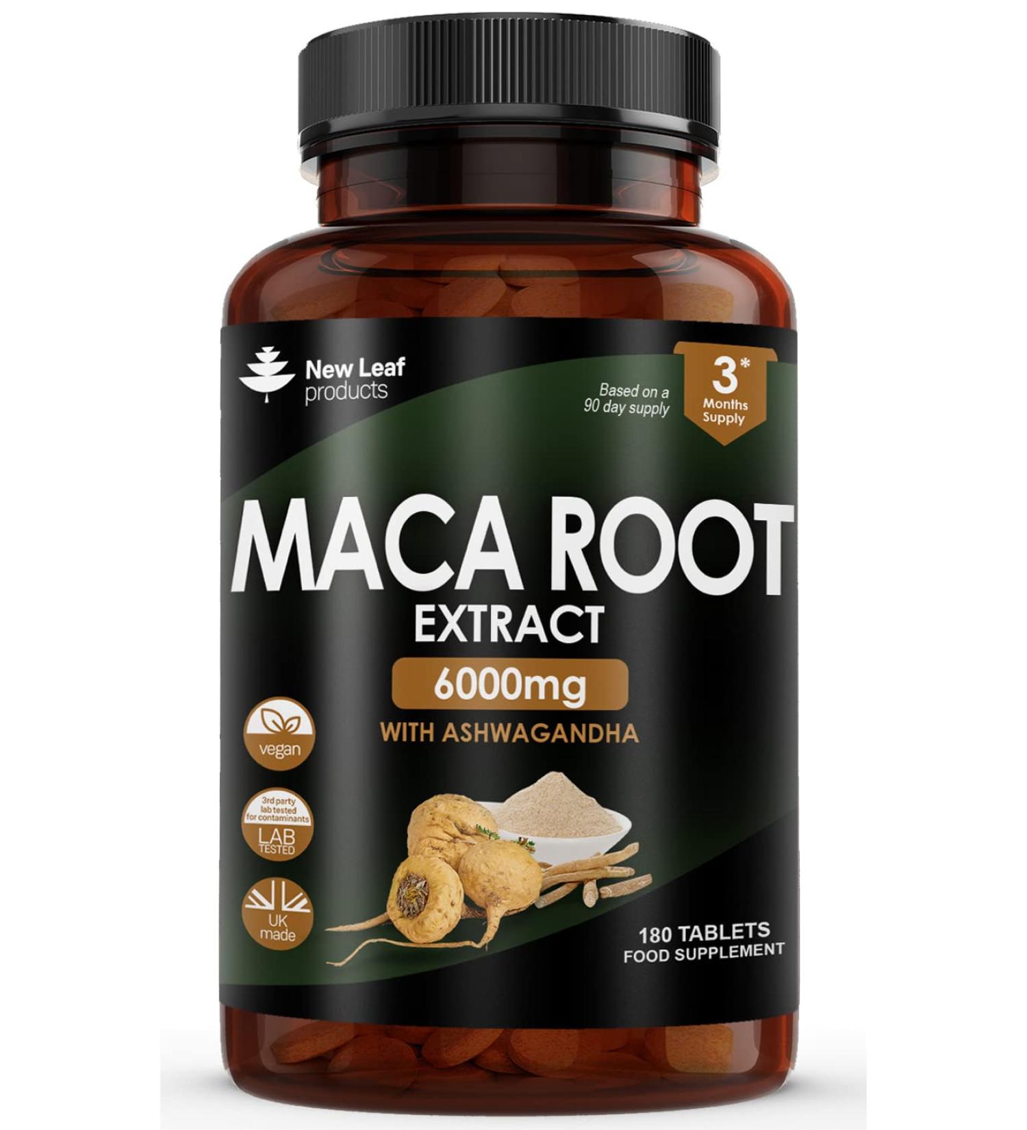 Maca Root 6000mg High Strength with Ashwagandha - 180 Vegan Tablets - 100% Pure Peruvian Ginseng - UK Made - 3 Month Supply - Buy Online on GoSupps.com