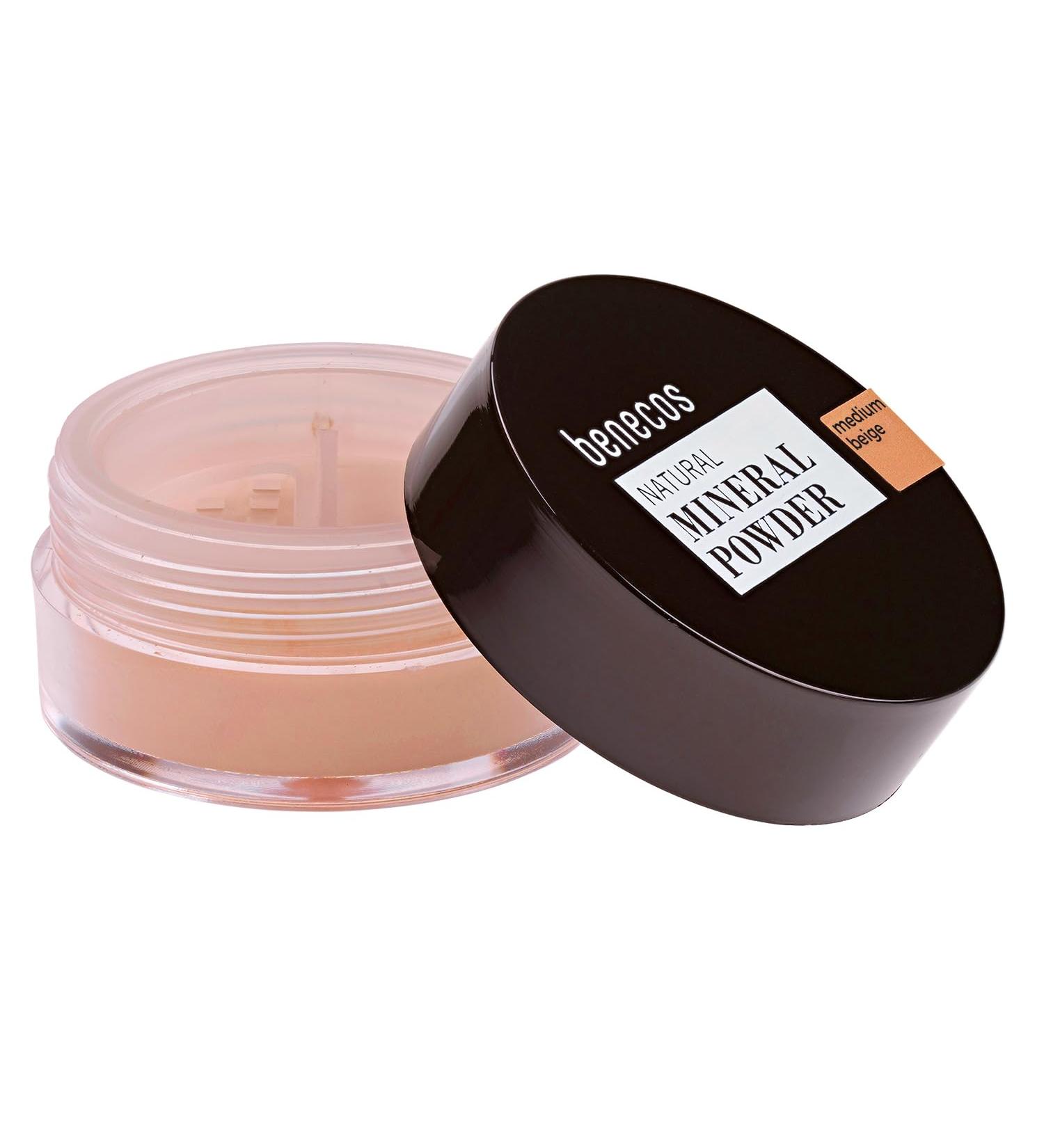 Benecos Natural Mineral Powder Talc-Free Vegan Makeup in Medium Beige | 6g Loose Mattifying Powder for Flawless Skin - Buy Online on GoSupps.com