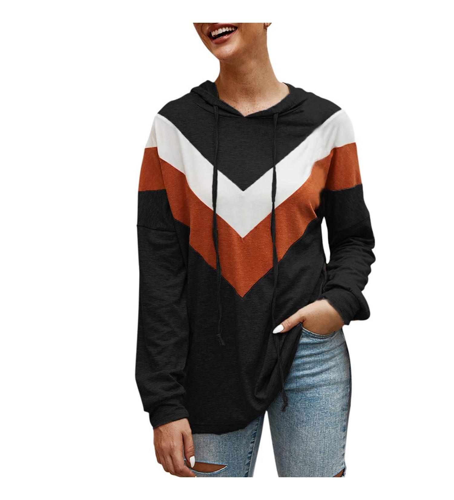 Bigfanshu Women's Dresses Casual Stripe Patchwork Long Sleeve Pullover Hooded Sweater Top Blouse Black - Buy Online on GoSupps.com