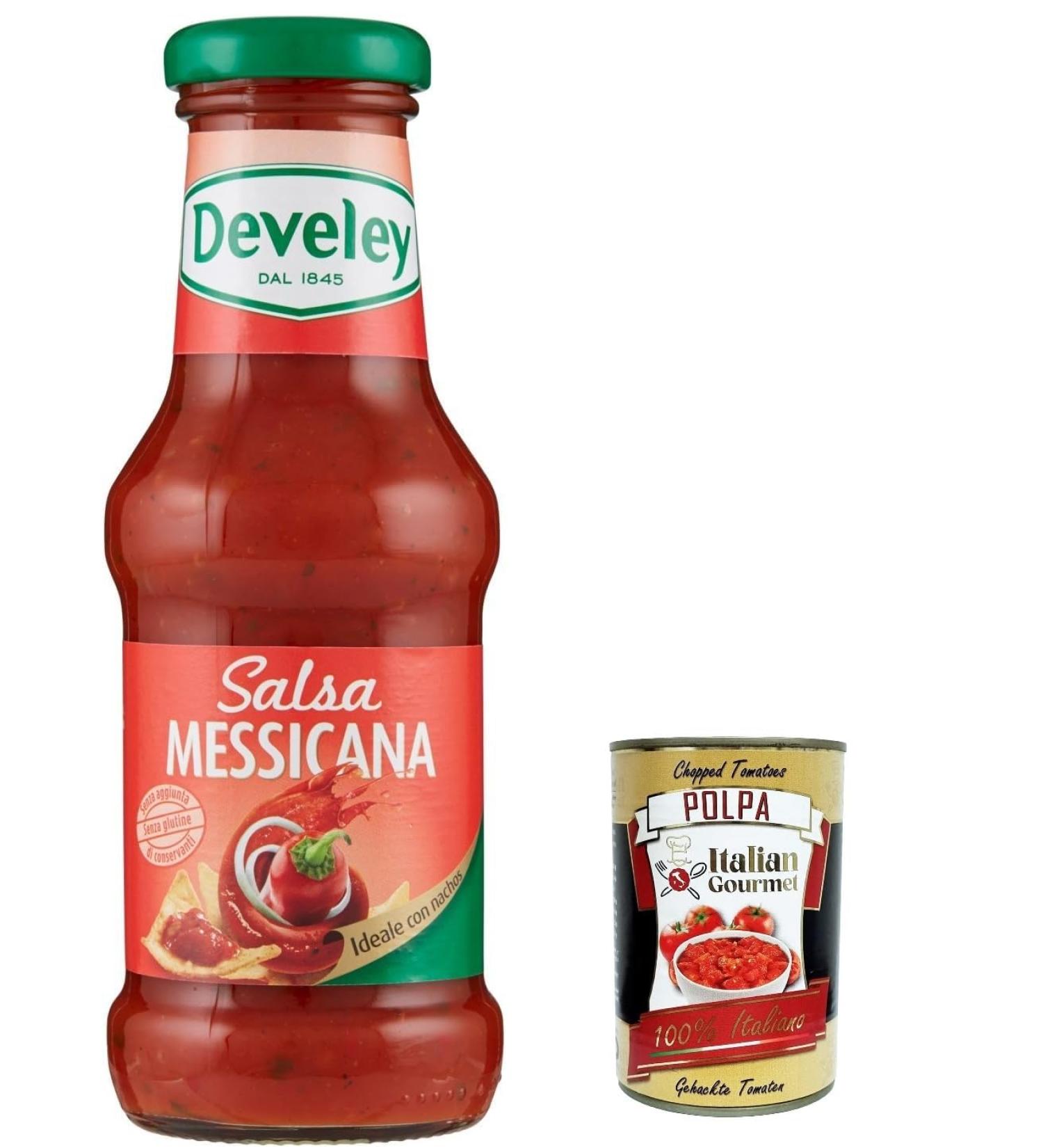  Italian Gourmet E.R. Pack of 12 Develey Salsa Messicana sauces a soothing concentrate of tomatoes peppers and spices (250 ml) + gourmet Italian polpa (400 g) - Buy Online on GoSupps.com