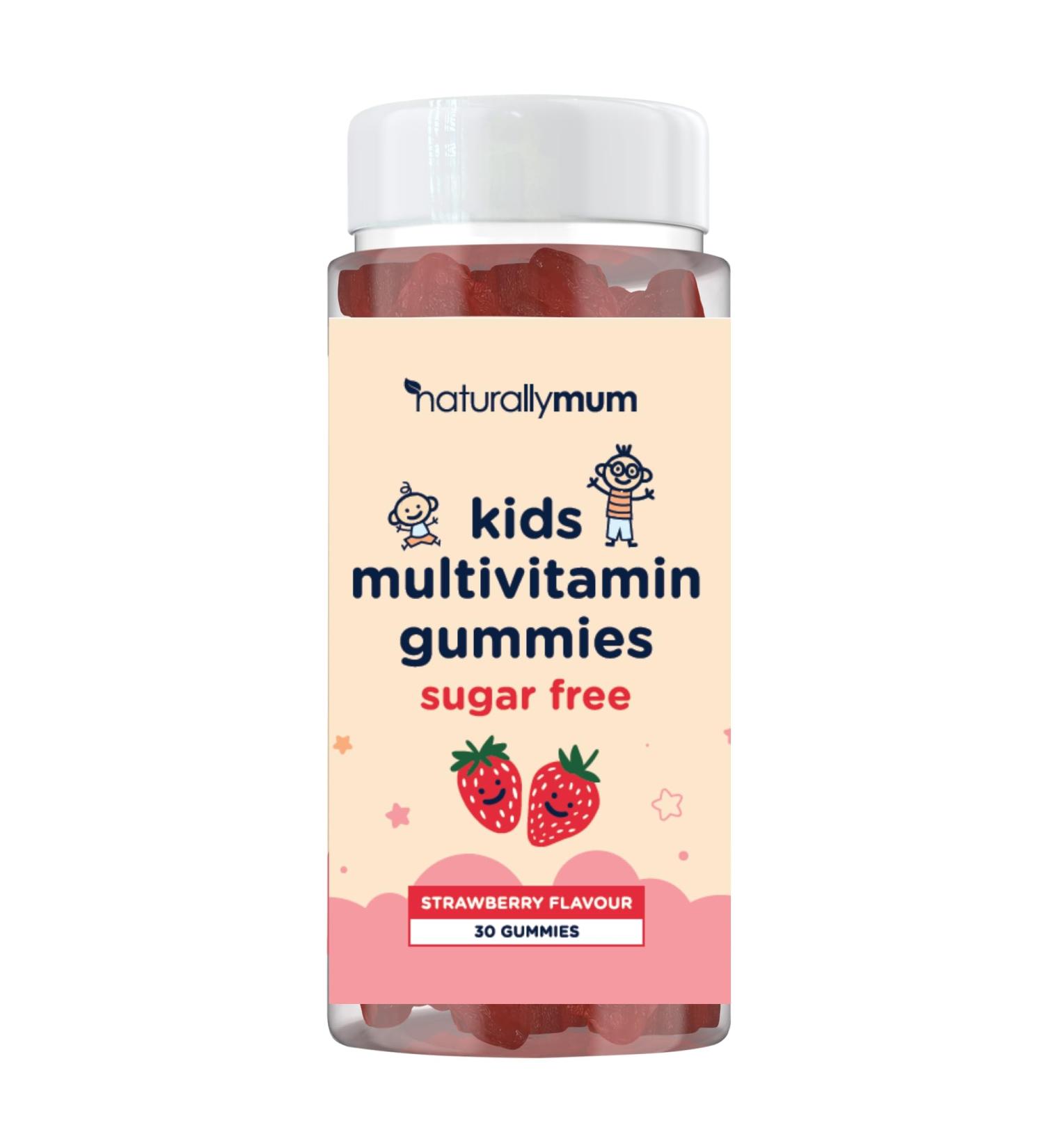 NaturallyMum Kids Multivitamin Gummies | for Children | Vegan Friendly | 30 Chewable Gummies | with Vitamins A D E B6 B12 C | Sugar Free | Strawberry Flavour | 30-Day Supply - Buy Online on GoSupps.com