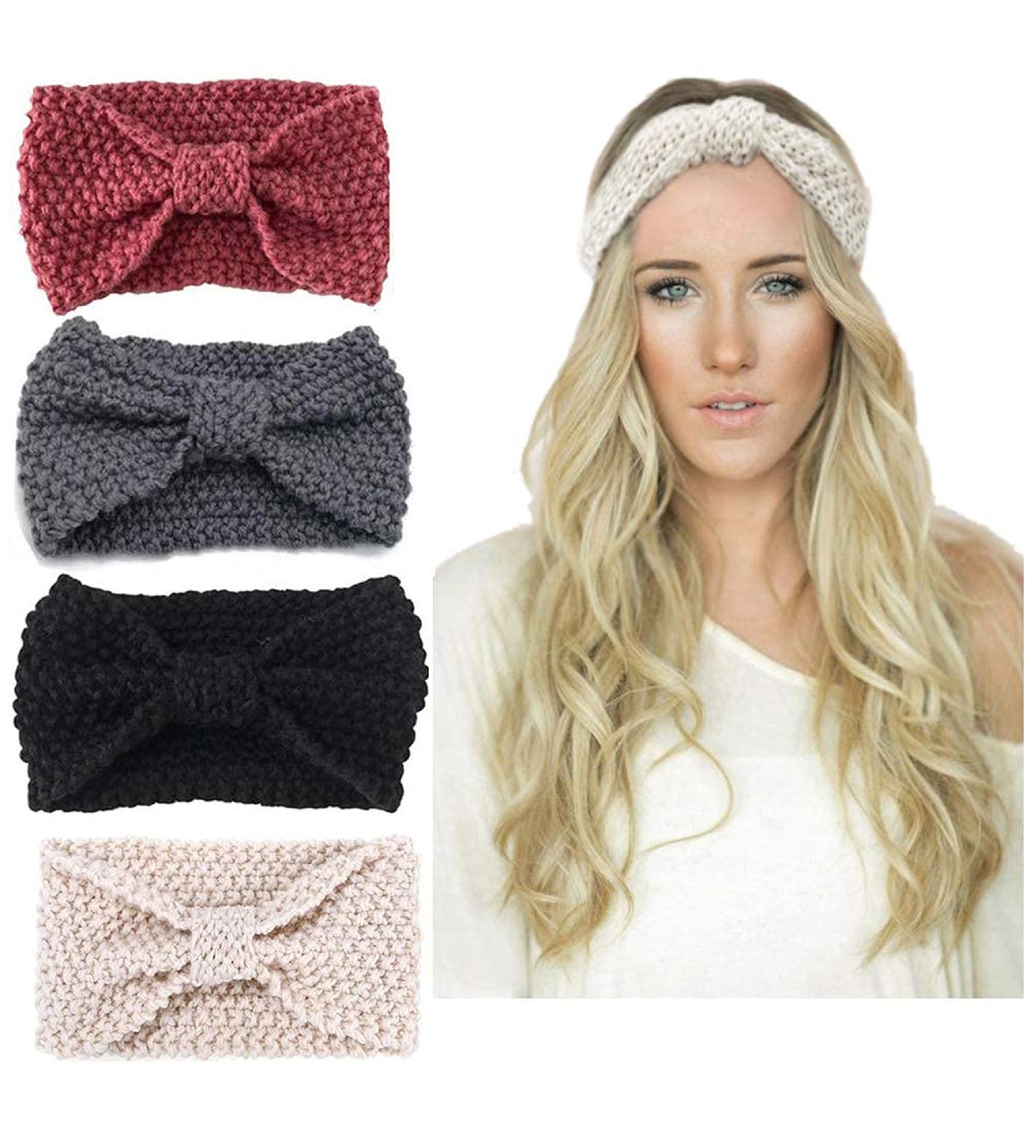 4 Pack Women's Knitted Headbands - Elastic Bow Wool Turban Hair Wraps in Red Gray Black Pink - Stylish Winter Accessories - Buy Online on GoSupps.com