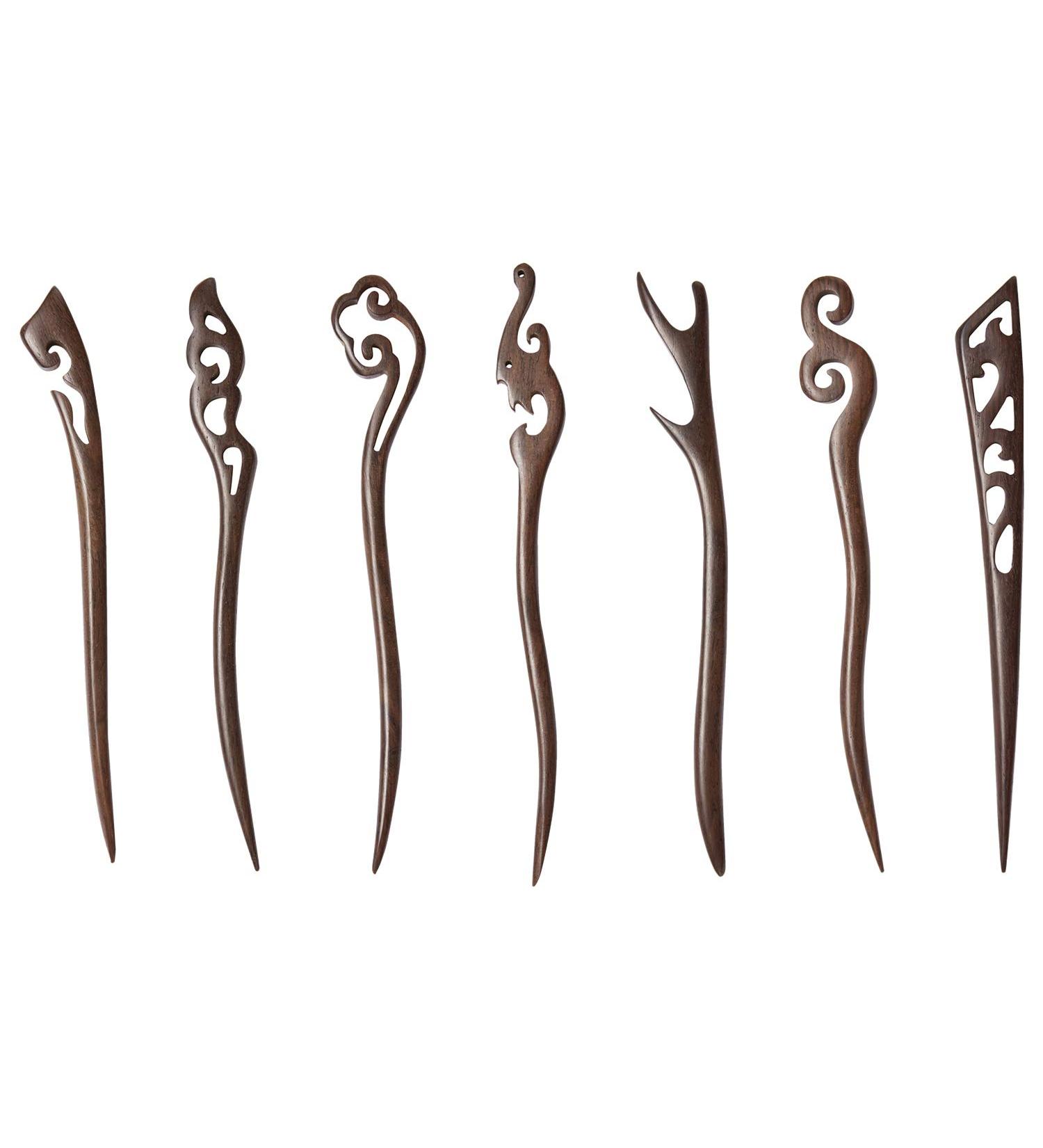 7 Pack Handmade Asian Black Wood Hair Pins - Wooden Carved Long Fork Hair Clips for Hair Bun - Buy Online on GoSupps.com