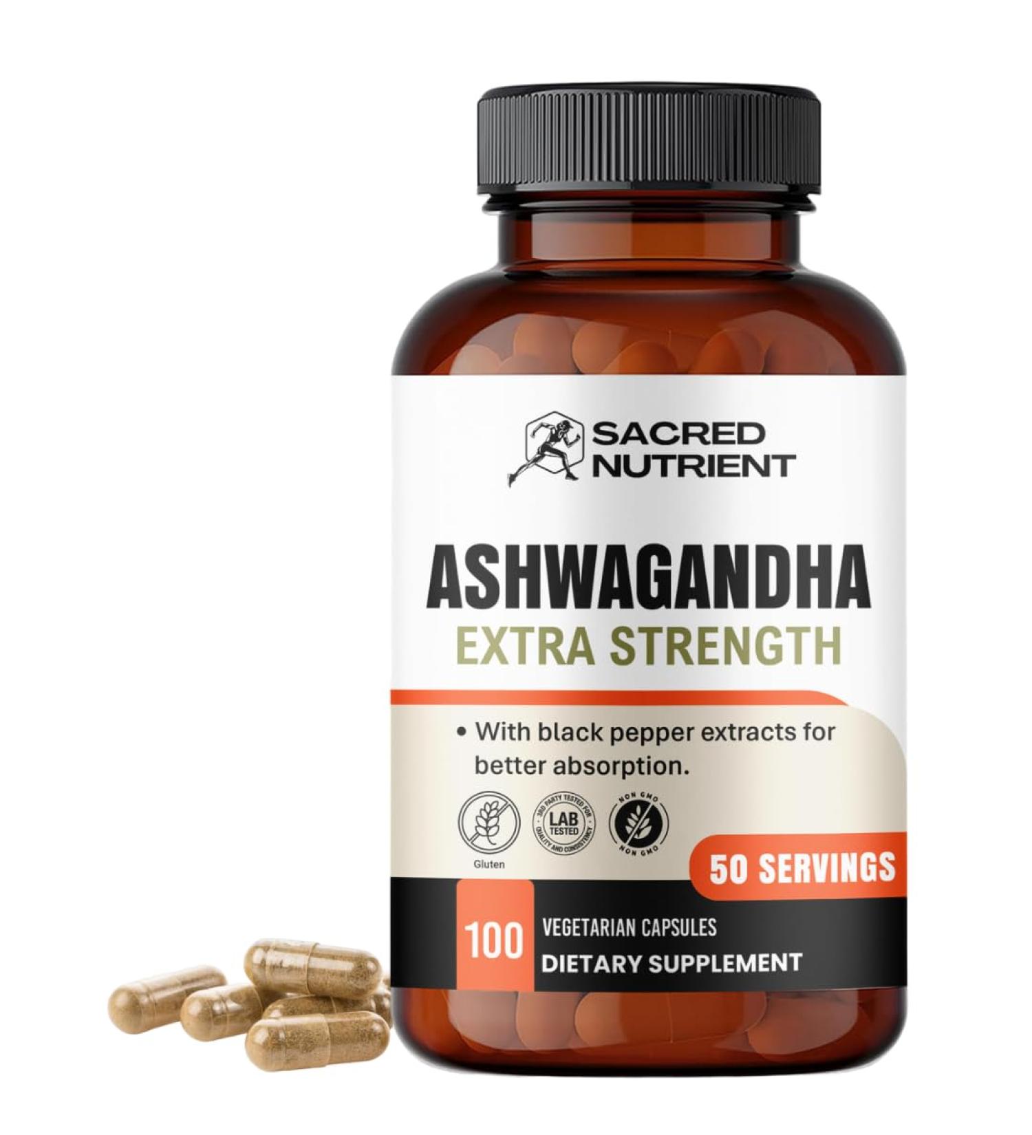 Sacred Nutrient Ashwagandha Organic Extra Strength Supplement with Black Pepper for Stress & Mood Support Energy 300mg Extract (Equivalent 3000mg Herb) 100 Capsules - Buy Online on GoSupps.com