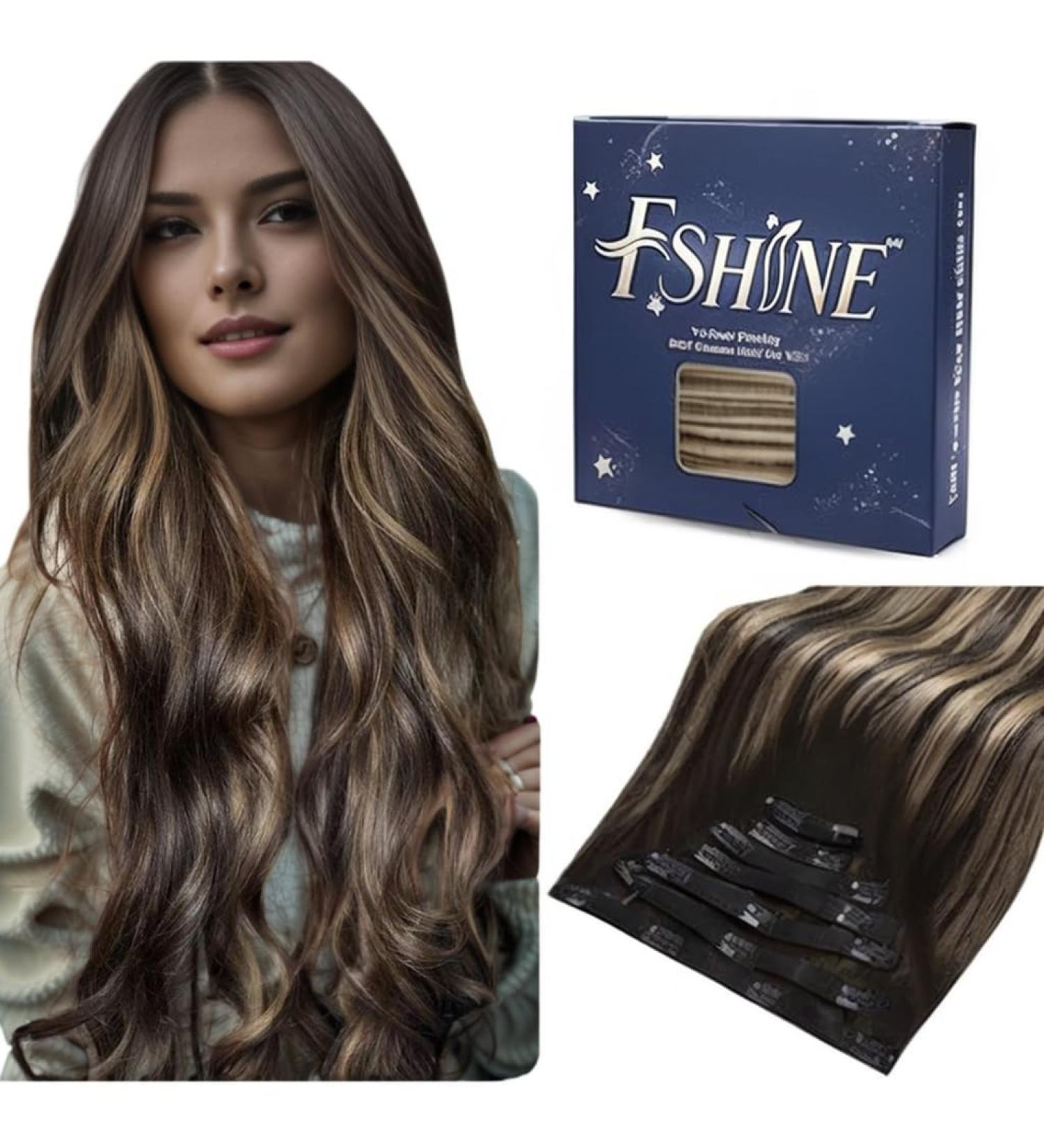 FSHINE Clip-In Extensions | Real Hair Black 55cm | Remy Thick 120g | Natural Schwarz & Caramel Blonde | 7 Pieces for Women - Buy Online on GoSupps.com