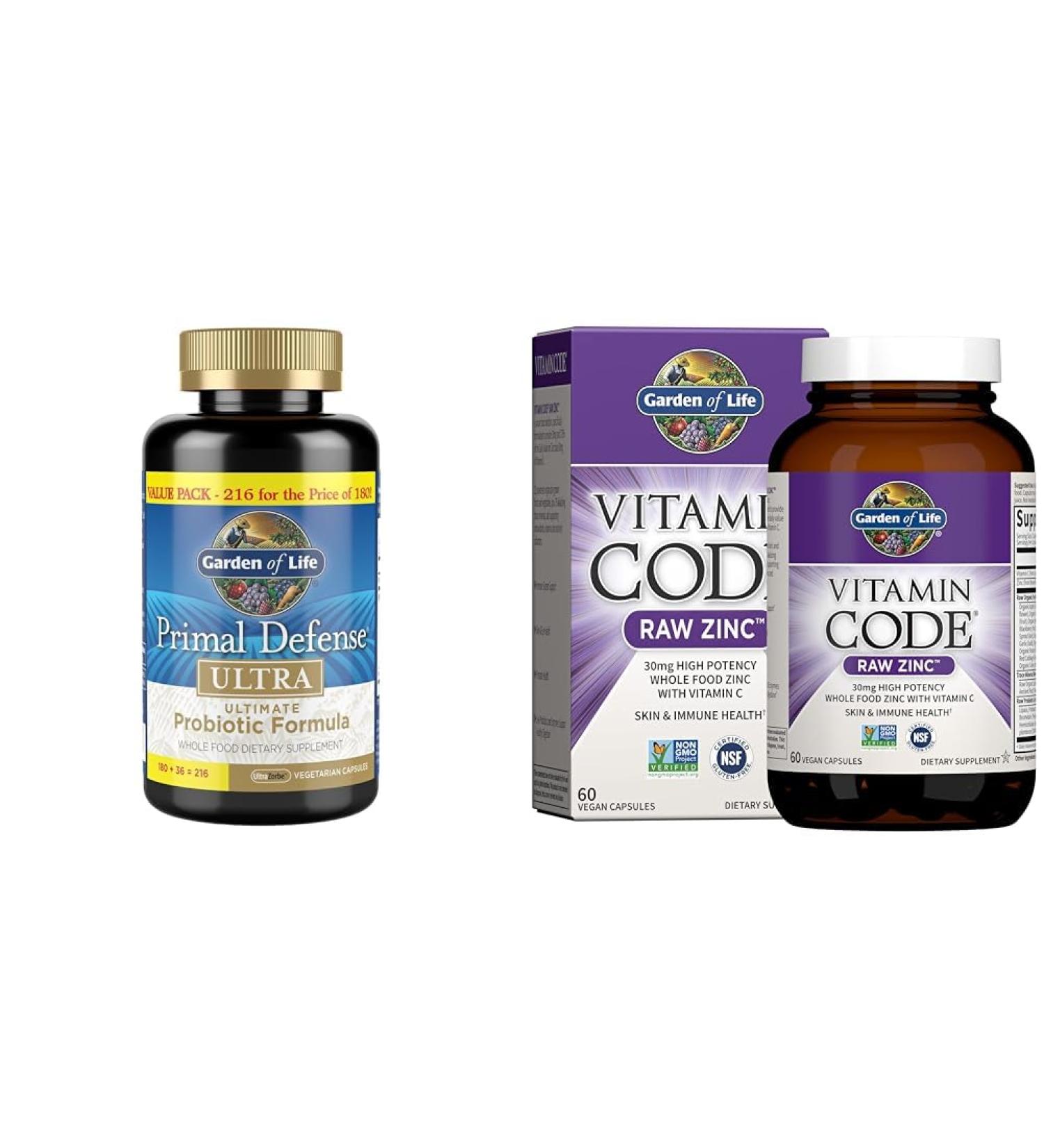Garden of Life Probiotics Primal Defense Ultra 216 Capsules + Zinc Supplements 30mg High Potency 60 Capsules - Buy Online on GoSupps.com