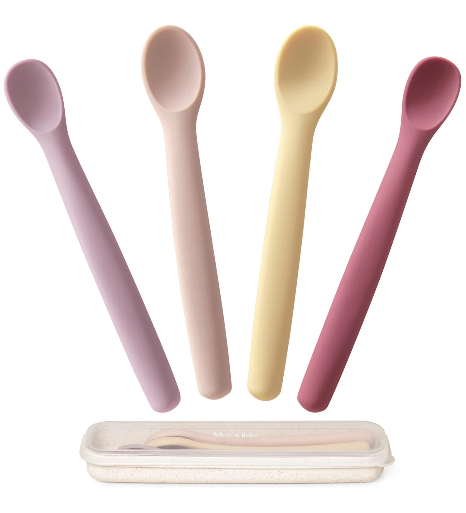 Silicone Baby Spoons Set of 4 | Soft-Tip Infant Feeding Spoons | Chewproof & Bendable | Baby Led Weaning Utensils | Raspberry/Pale Mauve/Daffodil/Blush - Buy Online on GoSupps.com