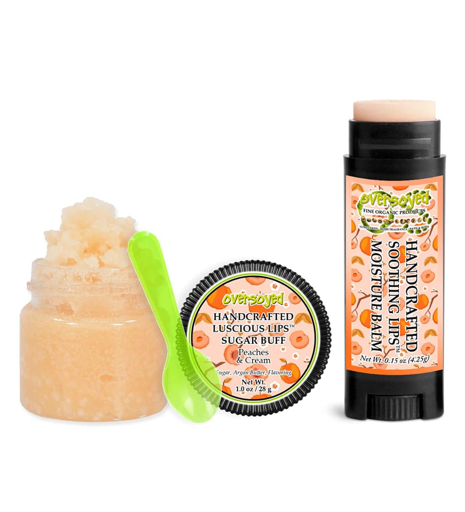 Peaches & Cream Soothing & Luscious Lips by OverSoyed Exfoliator & Chapped Lip Repair Lip Care Combo | Artisan Handcrafted to Order Peach Apricot Coconut Milk Sweet Sugary Vanilla Flavored Exfoliating Sugar Lip Scrub & Lip