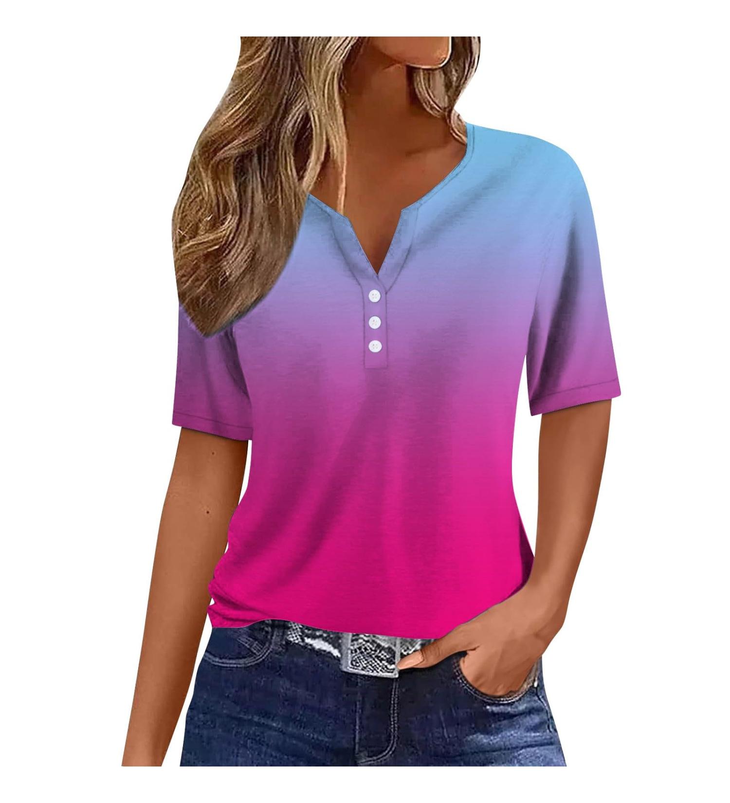 biJerou Women's Casual T-Shirt - Stripes & Patchwork Button Placket - Light Blue Short Sleeve Blouse - Stylish Ladies Fashion Top - Buy Online on GoSupps.com