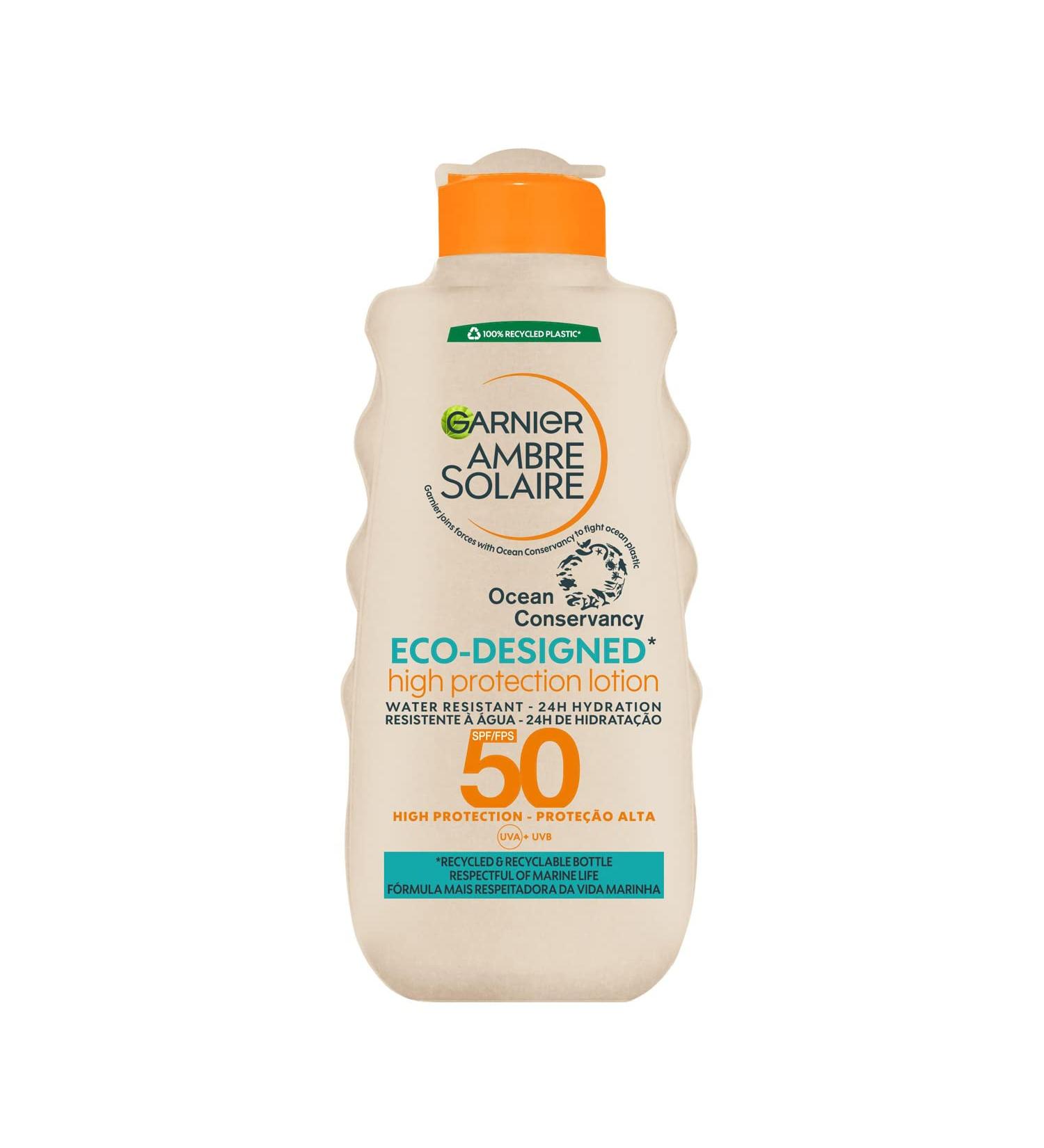 Garnier Ambre Solaire Eco Design Sun Protection Sun Cream Lotion SPF50 High Sun Protection Factor 50 Water Resistant & Non Sticky Sunscreen UVA & UVB Protection Recycled & Recyclable Bottle 200ml - Buy Online on GoSupps.com