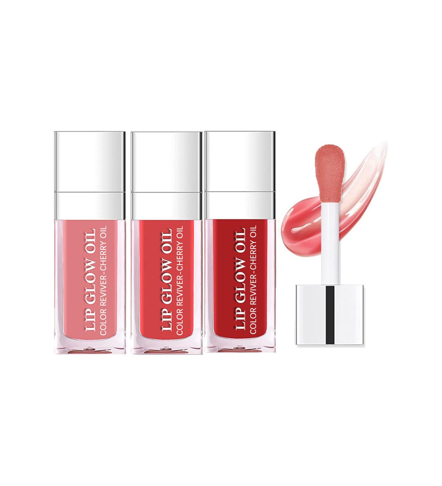 3Pcs Glass Lip Plumping Oil Set - Hydrating & Tinted Lip Balm with Big Brush Head | Nourishing & Repairing Shine Primer Lip Tint - Buy Online on GoSupps.com