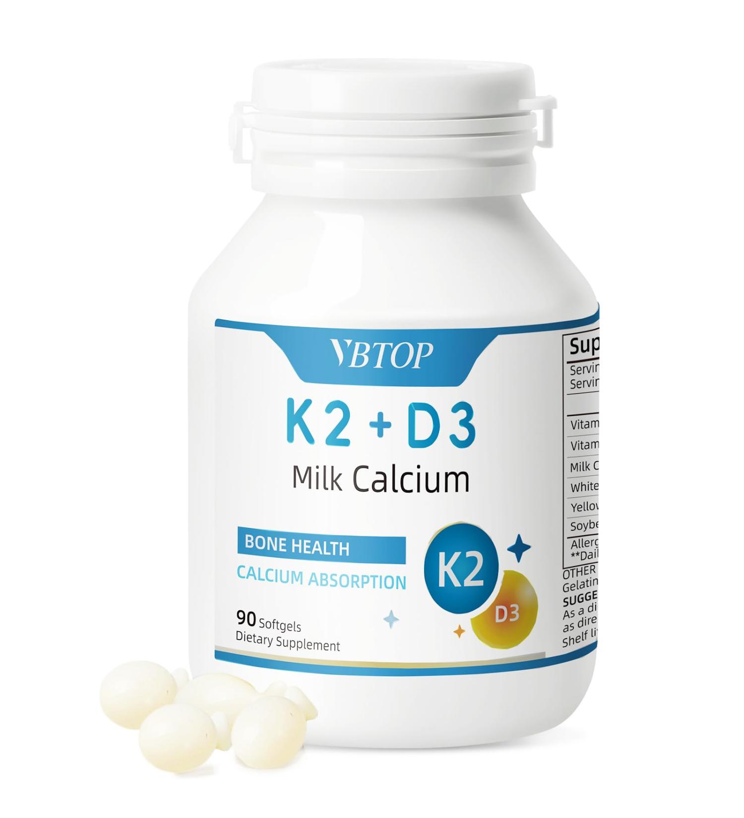 Calcium Supplement 800mg with Vitamin D3 1000 IU & K2 45mcg Milk Calcium for Bone Density & Joint Support Non-GMO Gluten Free 90 Easy-Absorb Softgels for Adults 1 Bottle - Buy Online on GoSupps.com