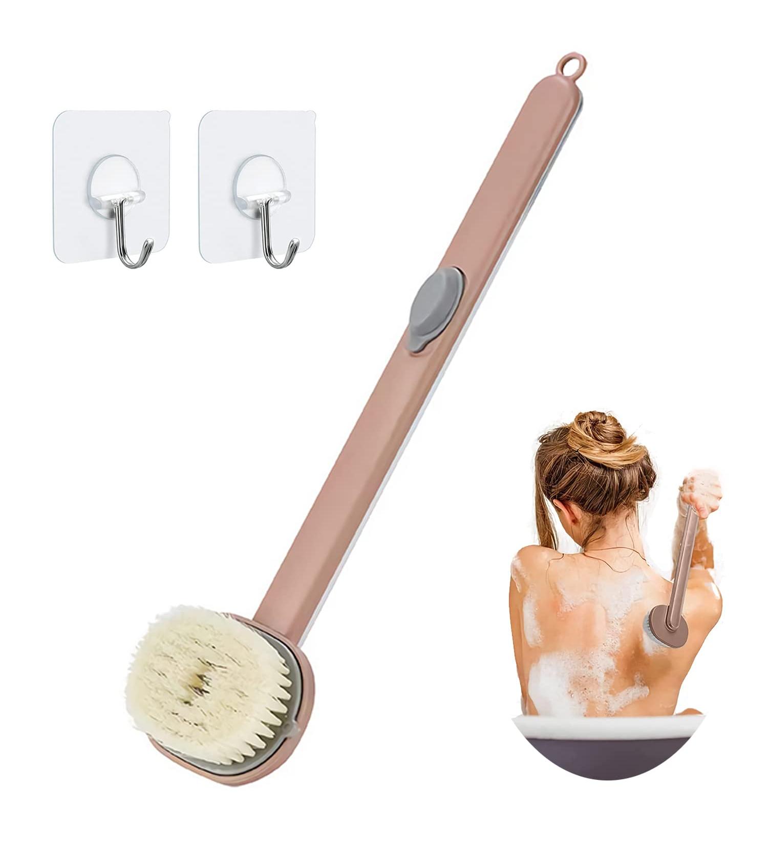Pink Long Handle Back Scrubber for Shower with Soap Dispenser - Exfoliating Bath Brush 14in - Buy Online on GoSupps.com
