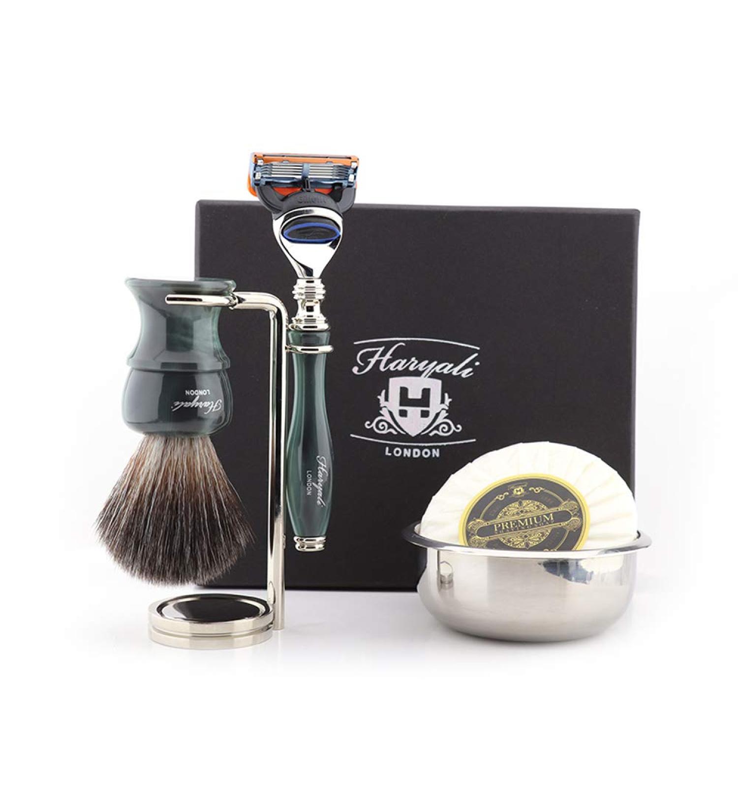 Haryali London 5-Part Men's Fur Care Set | Blades Synthetic Hair Brush Stand Soap & Bowl - Premium Grooming Essentials - Buy Online on GoSupps.com