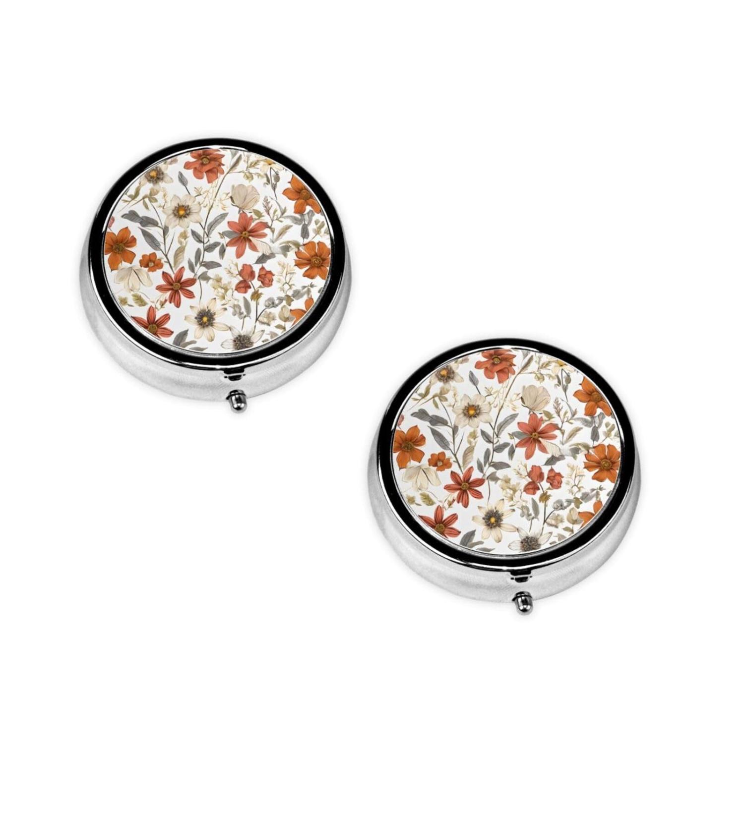 Retro Flower Printed Mini Round Pill Box | 3 Compartment Travel Organizer | Portable Pill Case for Home & Office - Buy Online on GoSupps.com