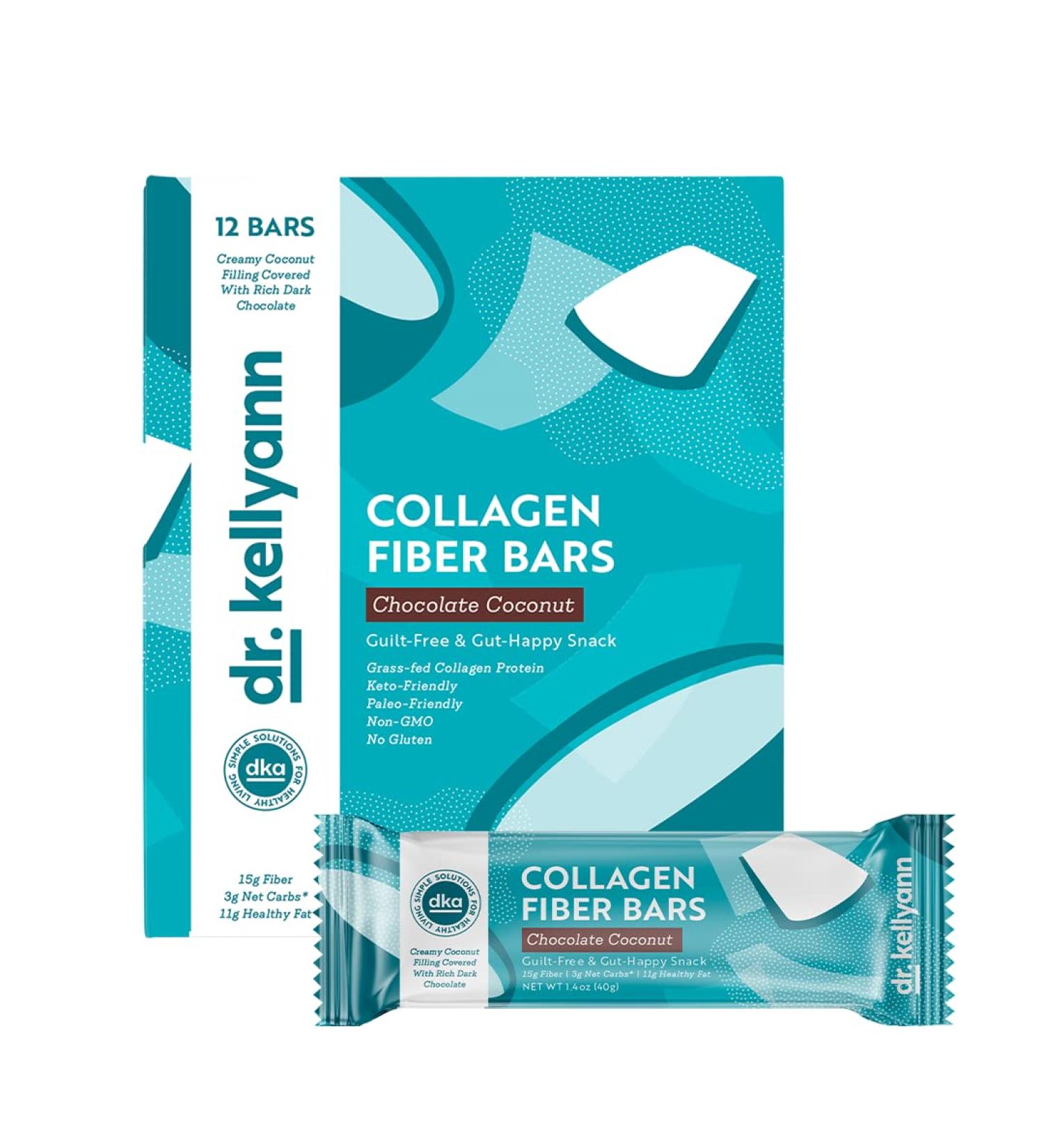 Dr. Kellyann Keto Collagen Fiber Bar - High Fiber, Low Carbs, Gluten-Free, Non-GMO, No Artificial Sweeteners - Coconut Dark Chocolate Snack (12 bars) - Buy Online on GoSupps.com