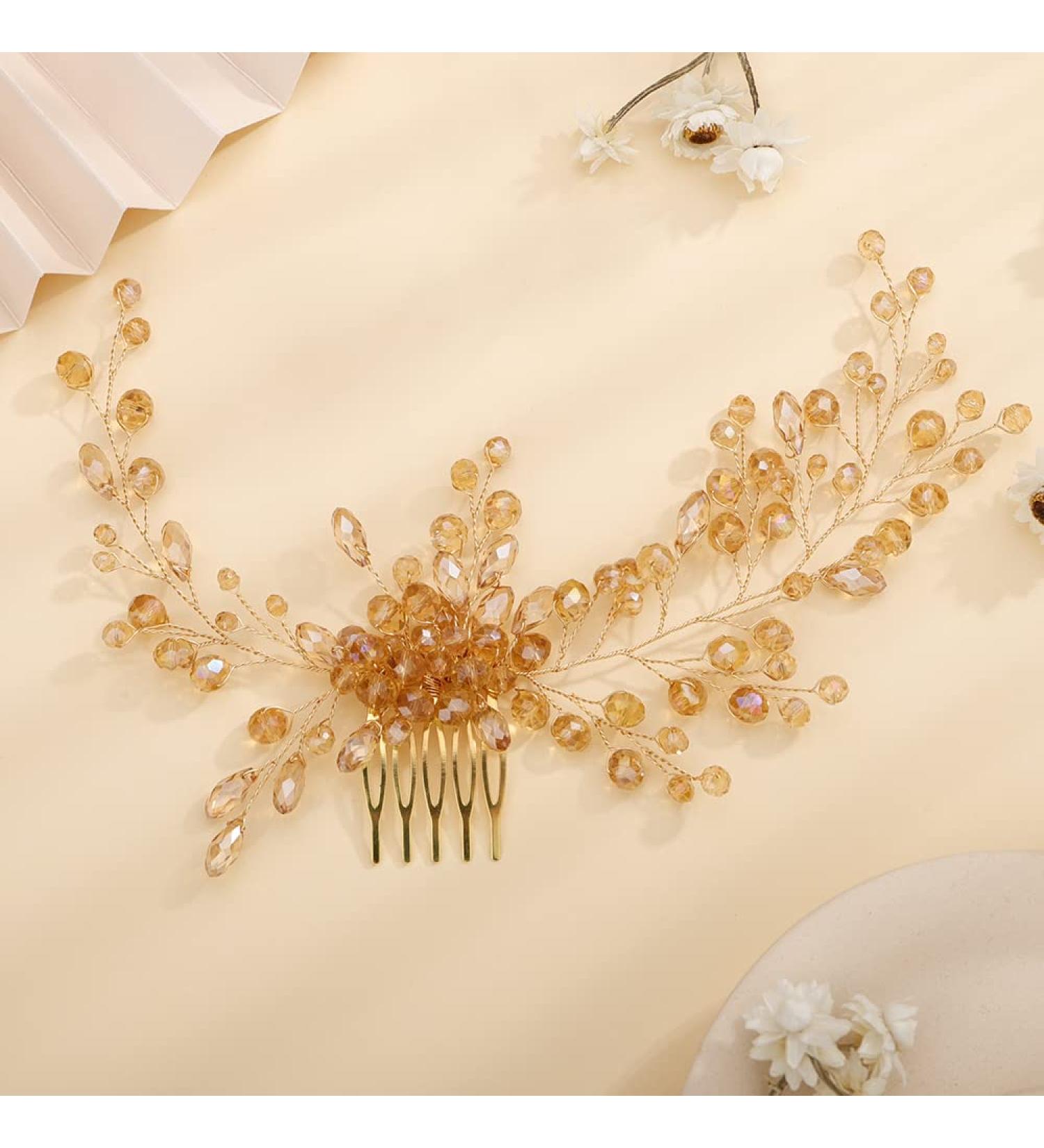 Teyglen Champagne Rhinestone Bridal Hair Comb Headband | Wedding Hair Accessories for Women and Girls - Buy Online on GoSupps.com