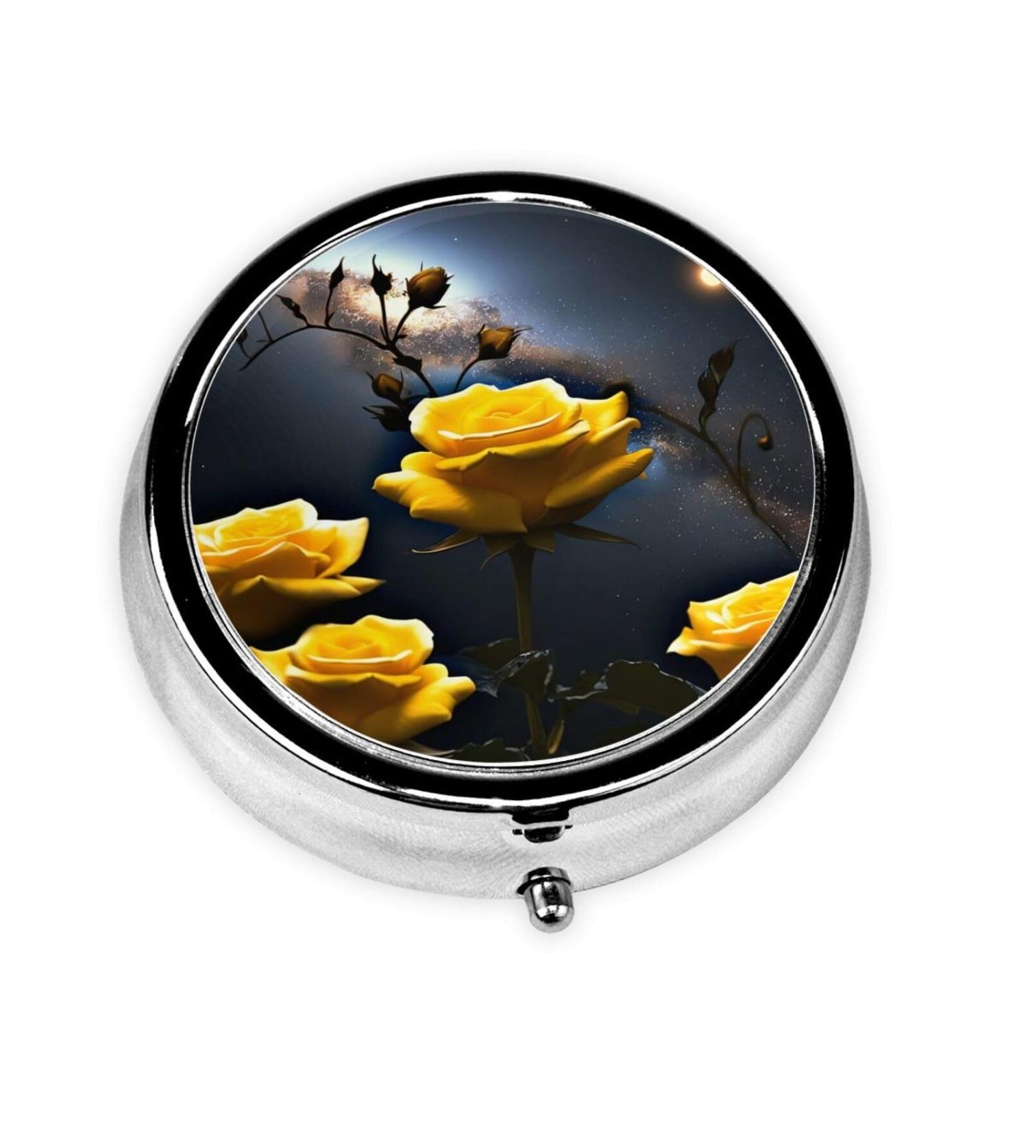 Beautiful Yellow Roses Portable Metal Pill Box - 3-Compartment Mini Organizer for Travel - Hinged Design for Small Pills - Buy Online on GoSupps.com