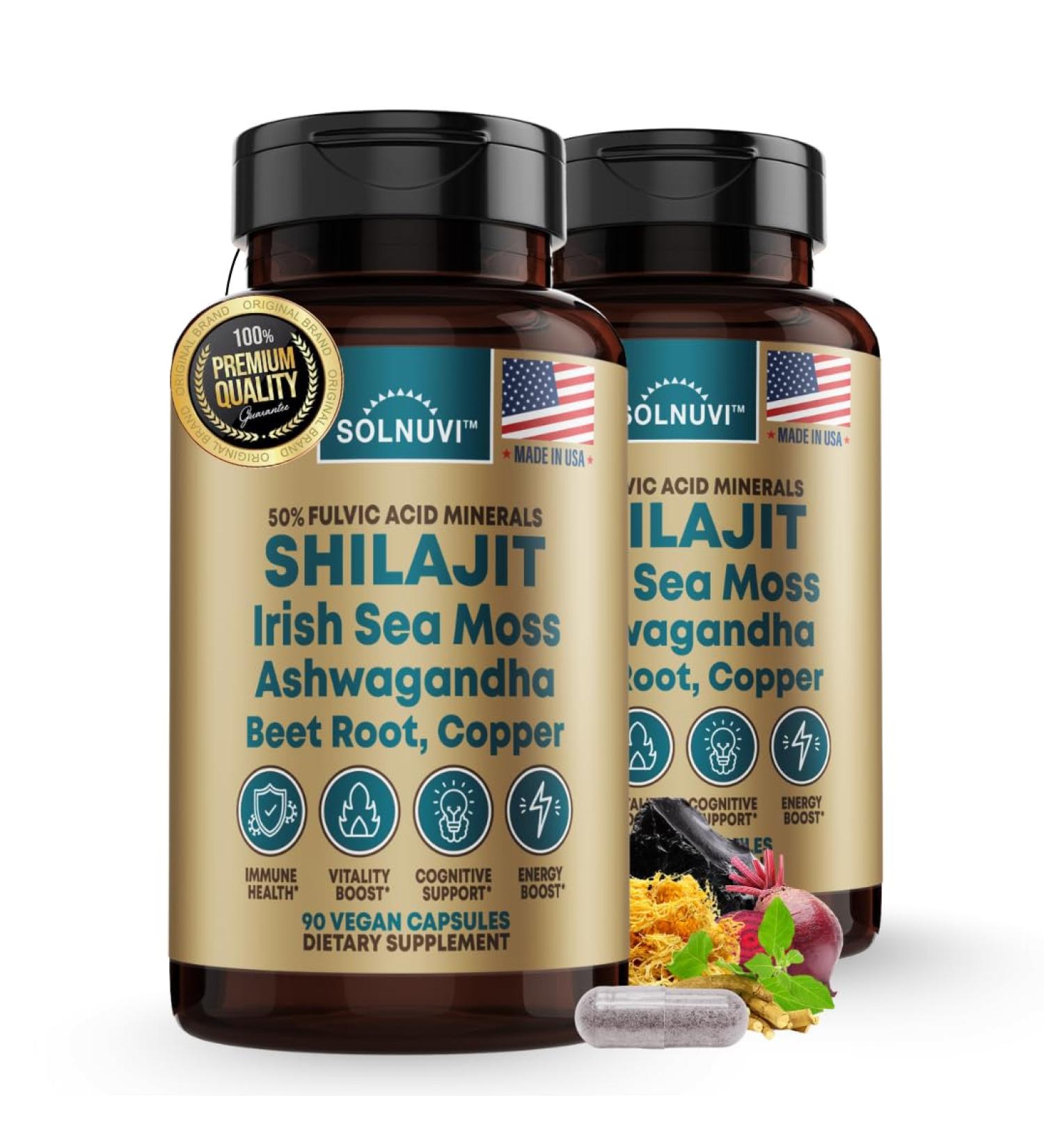 Shilajit Pure Himalayan Organic Capsules with Irish Sea Moss Ashwagandha Copper Beet Root - Fulvic Acid Trace Minerals Supplement for Men & Women - 90 Count Non-GMO Gluten-Free 90 Count (Pack of 1) - Buy Online on GoSupps.com