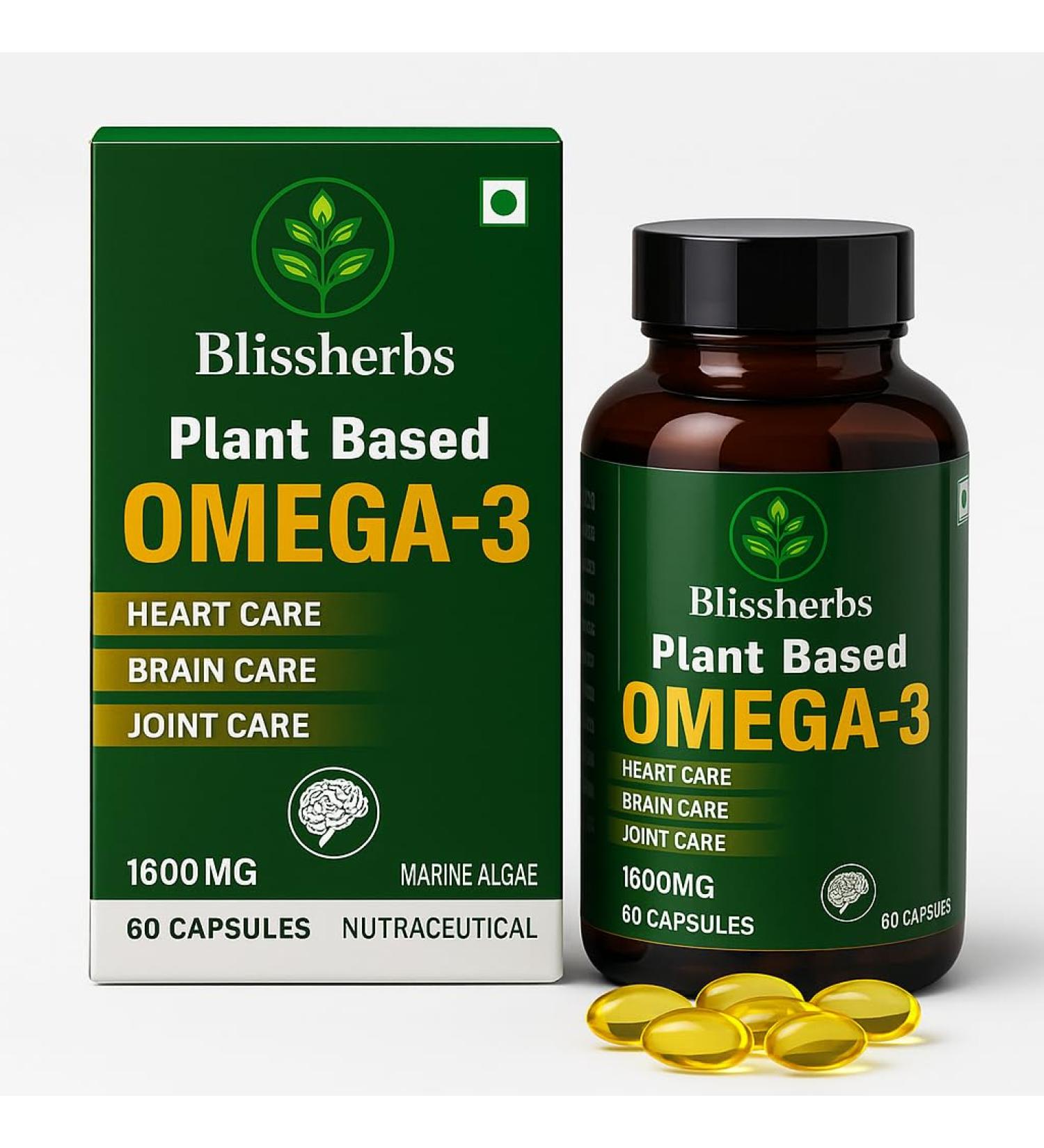 Blissherbs Plant Based Omega-3 Capsules 1600mg | Gelatin Free No Burps No Fish Oil Pure Algae | 450mg EPA & 150mg DHA Better Joint & Heart Health | Vegetarian Omega 3 Supplement - 60 Capsules