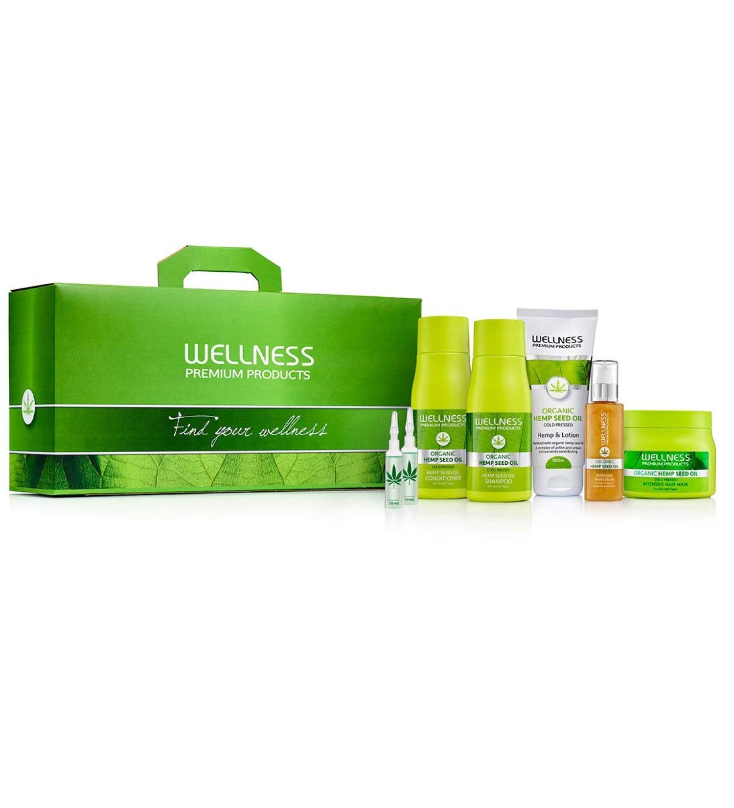 Wellness Premium Products Box: Hemp Oil Shampoo Conditioner Hair Serum Intensive Mask Ampoules and Body Lotion